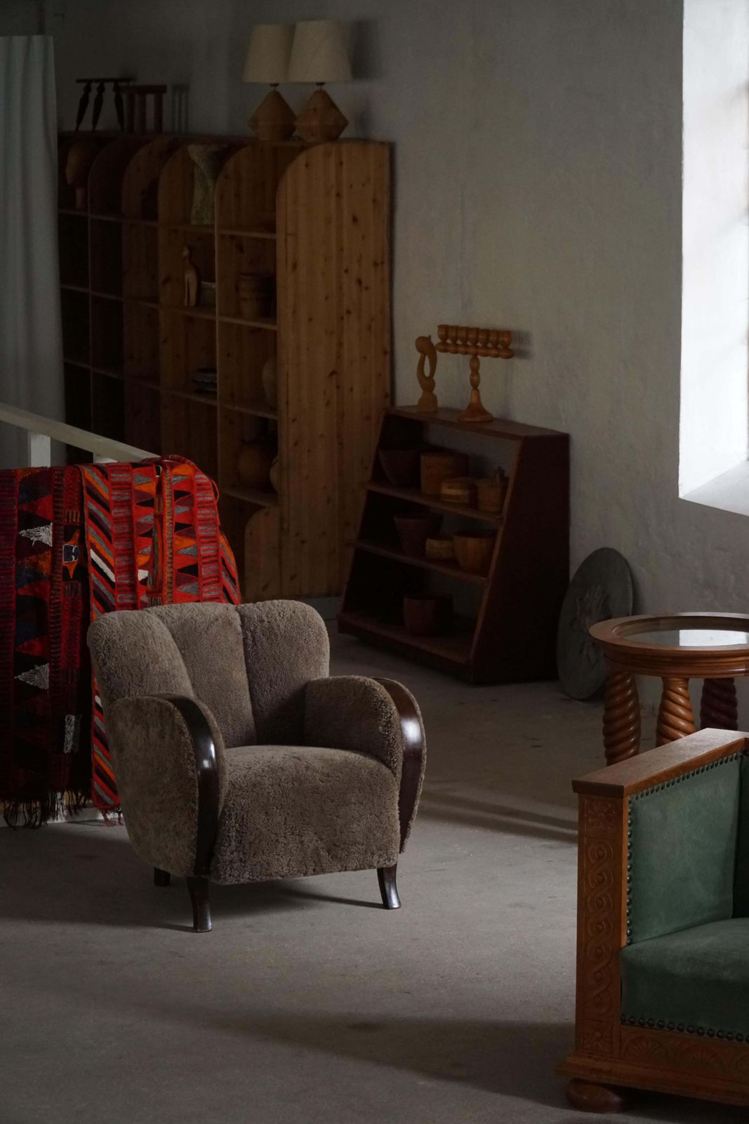 Pair Of Danish Modern Art Deco Lounge Chairs In Lambswool & Birch, 1940s photo buy
