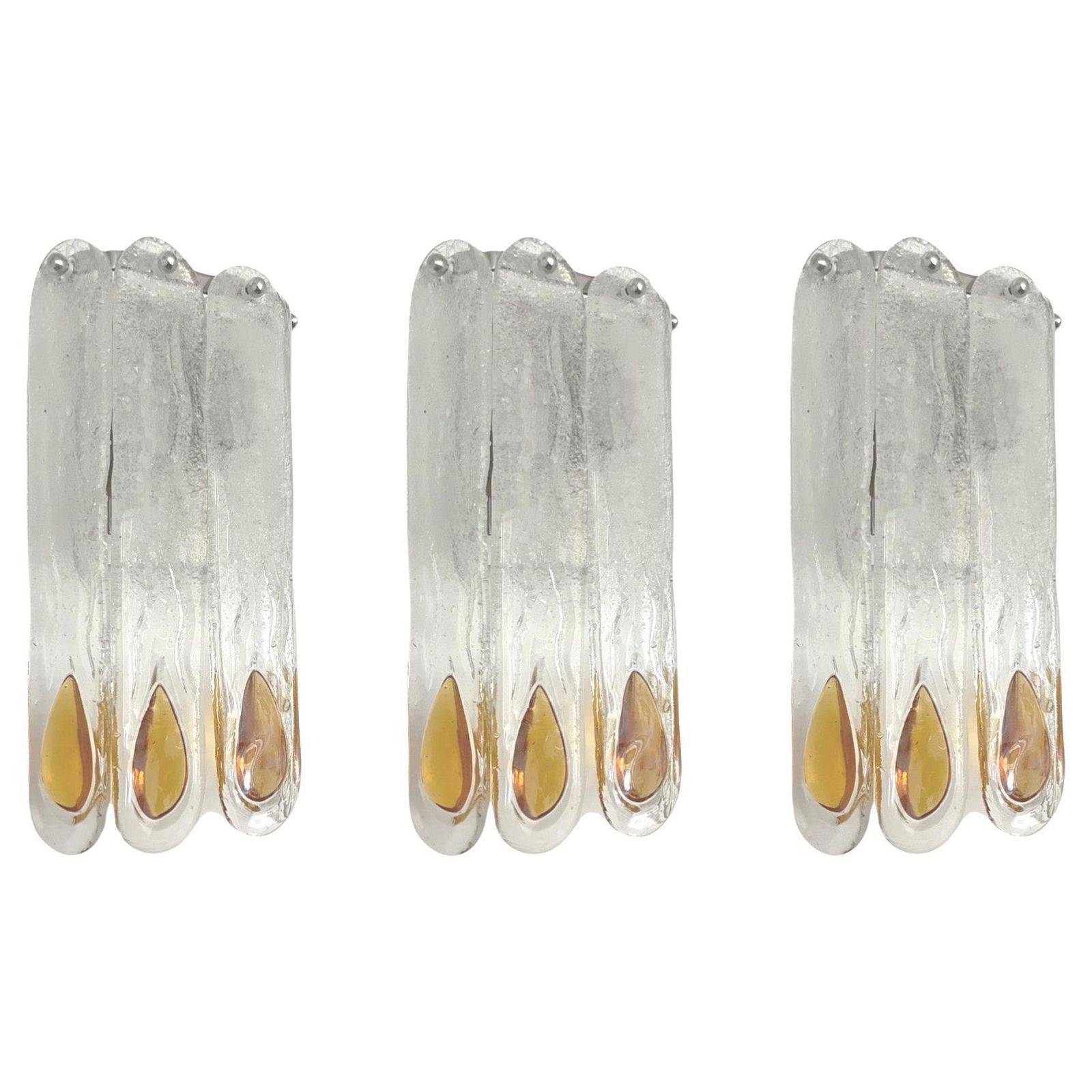 Italian Midcentury Set Of Three Amber Murano Wall Sconces By Mazzega, 1970s