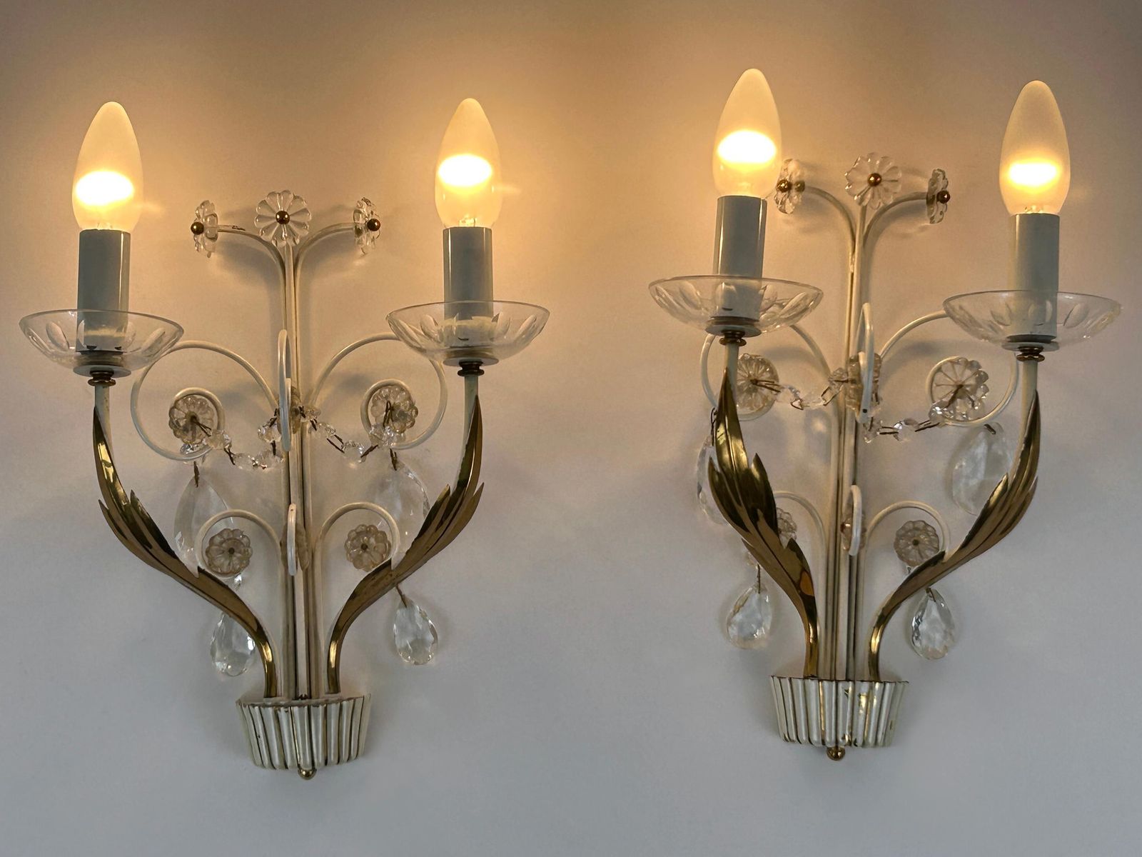 Set Of Two Elegant Brass & Glass Sconces By Vereinigte Werkstätten 1960s photo furniture