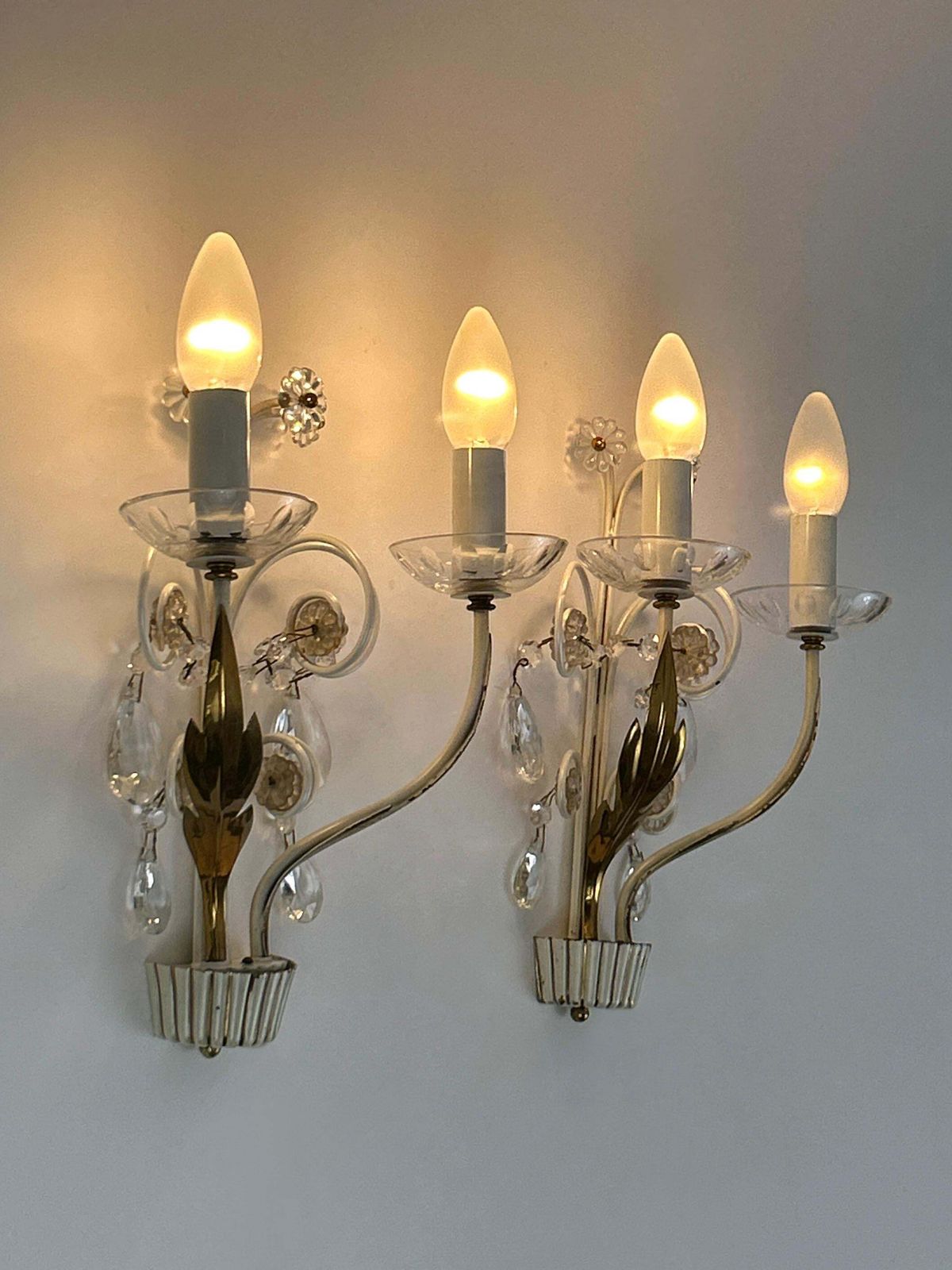 Lighting Set Of Two Elegant Brass & Glass Sconces By Vereinigte Werkstätten 1960s photo