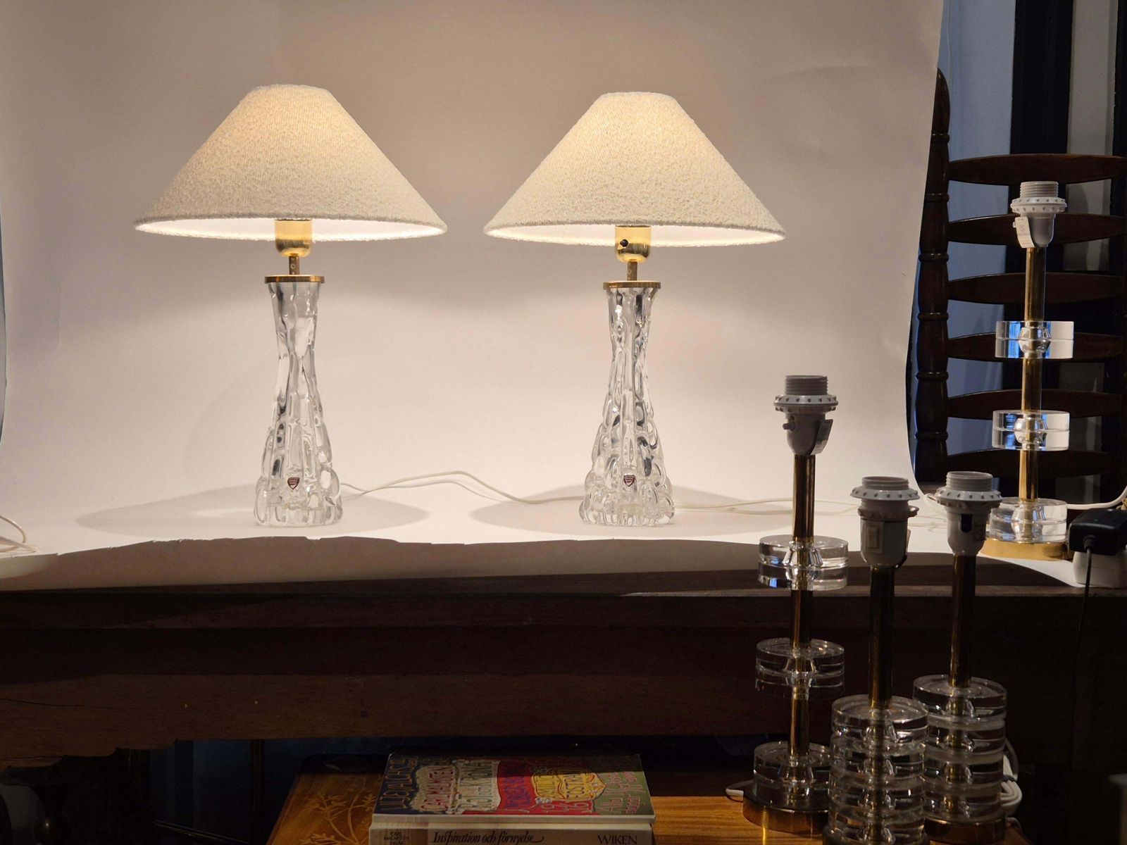 photo for sale Elegant Pair Of Scandinavian Modern Table Lamps With Orrefors Glass And Brass