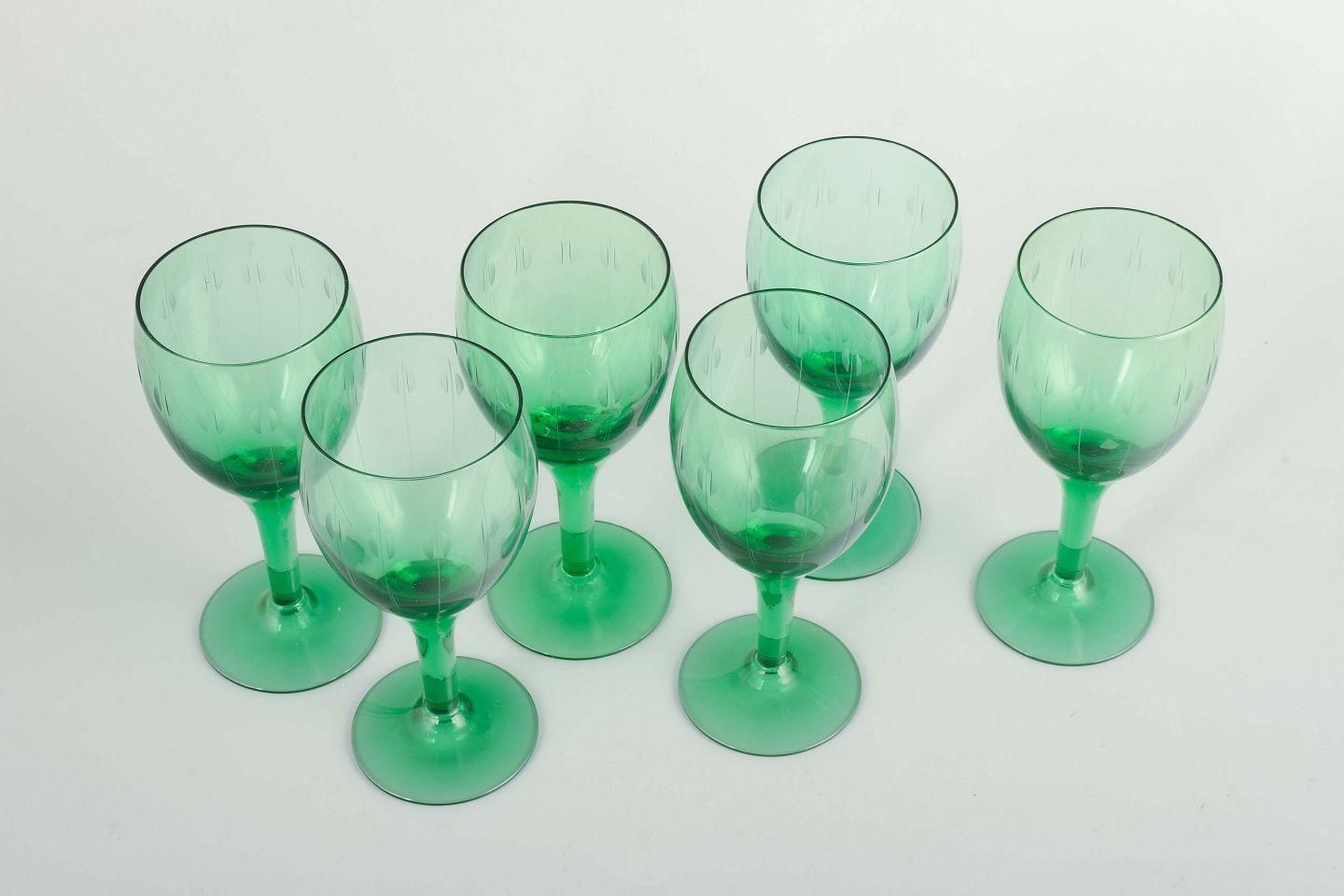 Per Lütken, Holmegaard. 6 White Wine 'Kirsten Piil' Glasses In Green Glass. photo furniture