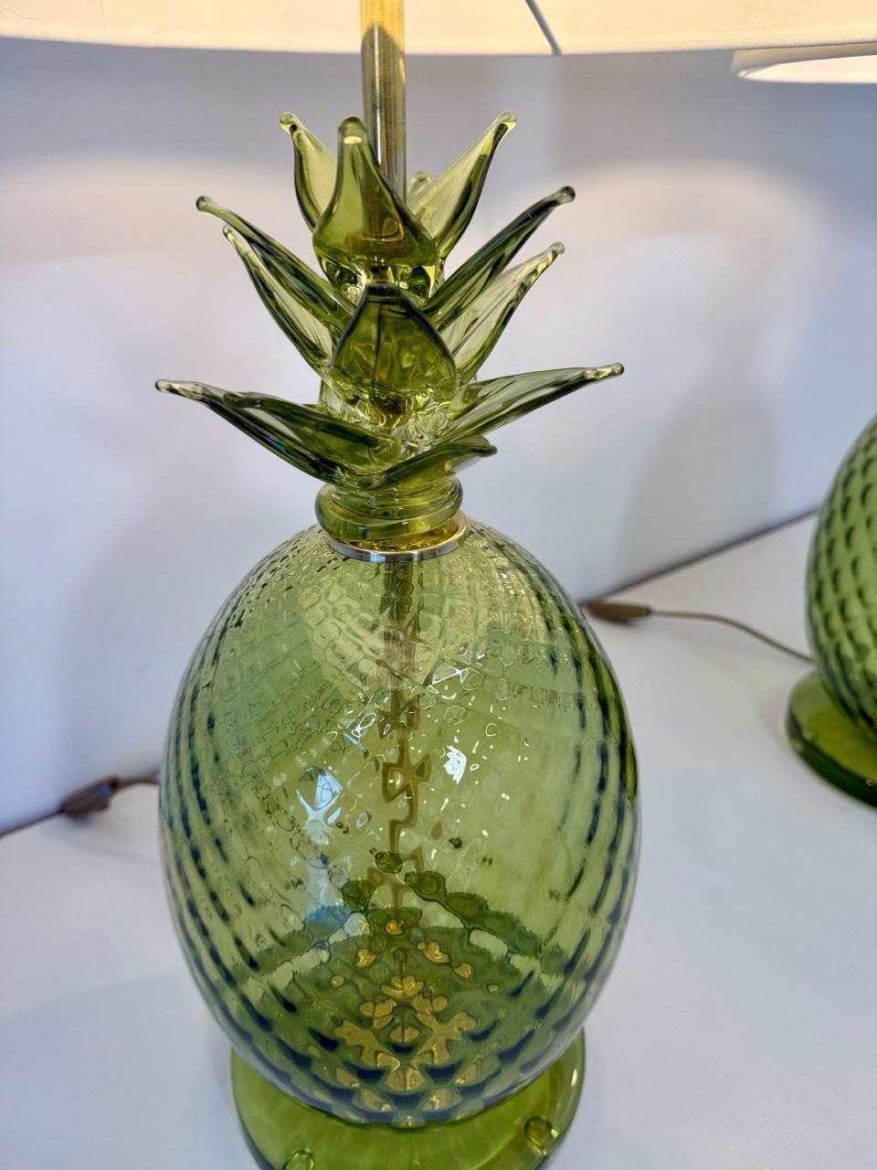Pair Of Italian Art Deco Pineapple Murano Glass Lamps With Lampshades photo 3369.0