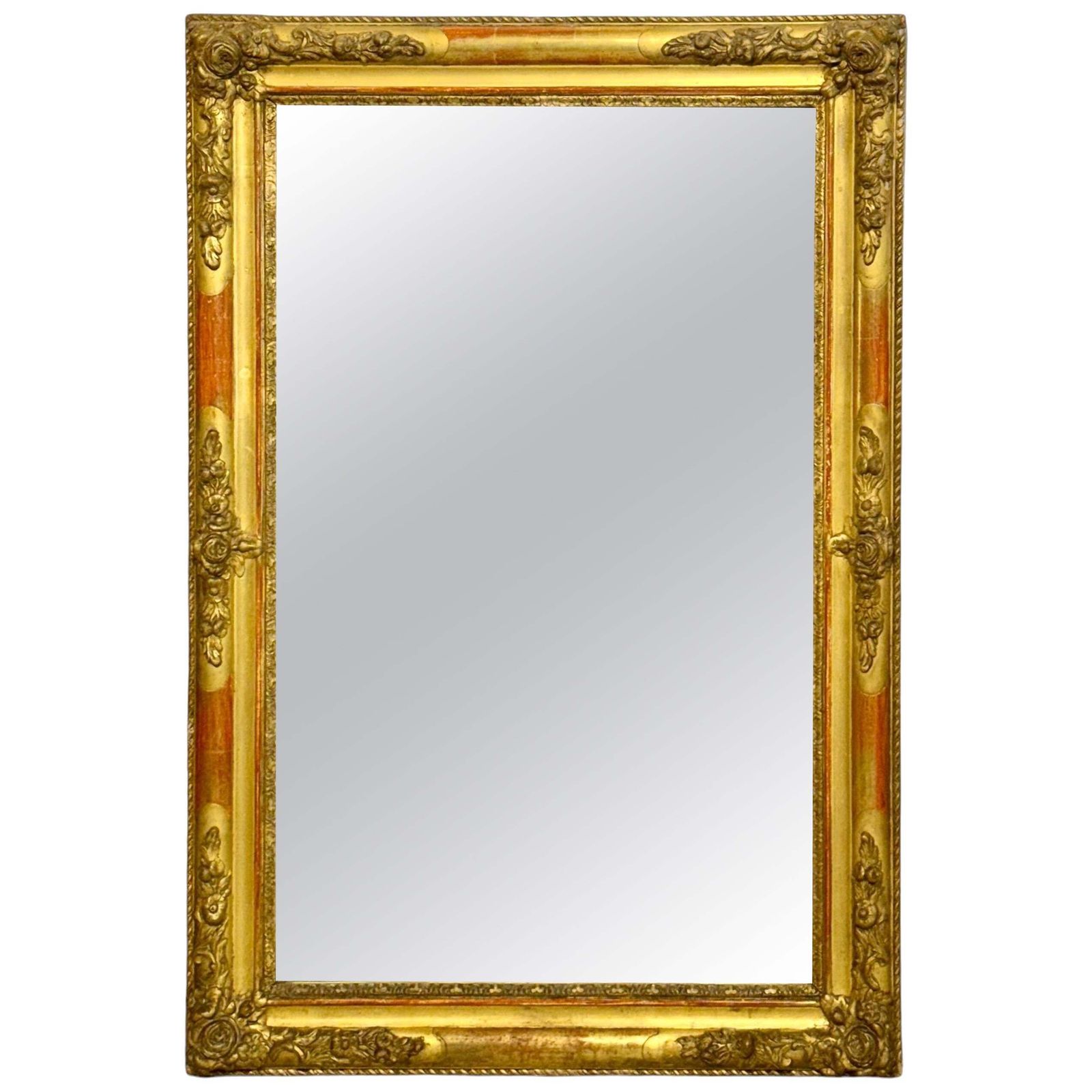 Large French Napoleon III Giltwood Mirror With Floral Carved Frame