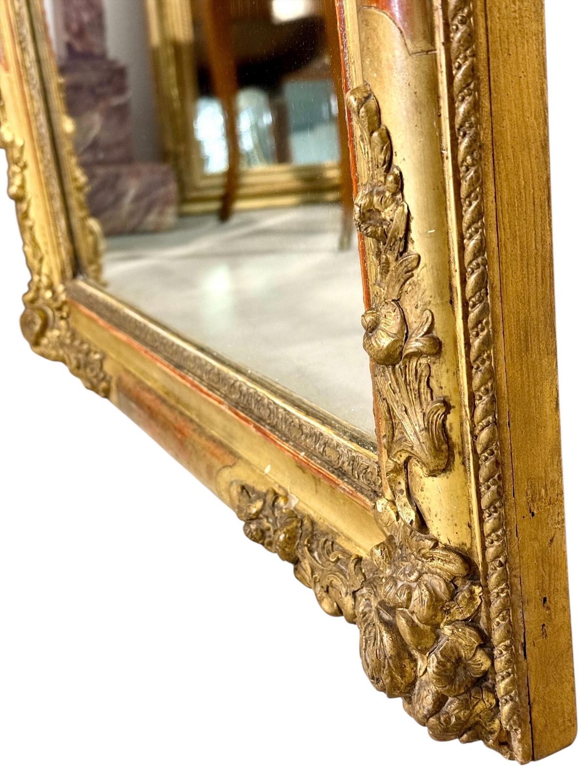 Large French Napoleon III Giltwood Mirror With Floral Carved Frame photo Home Decor