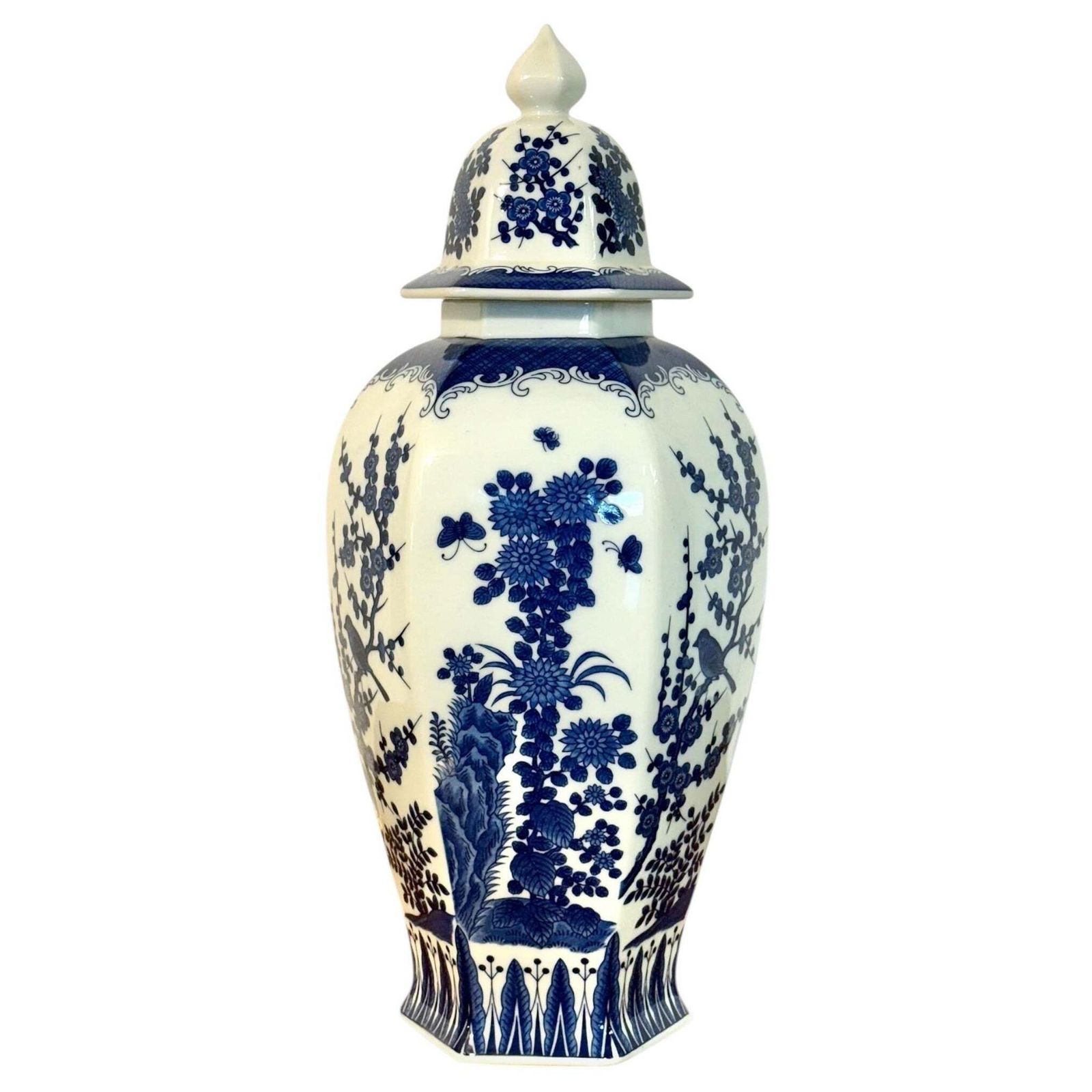 Large Blue And White Hexagonal Lidded Porcelain Vase, Chinoiserie