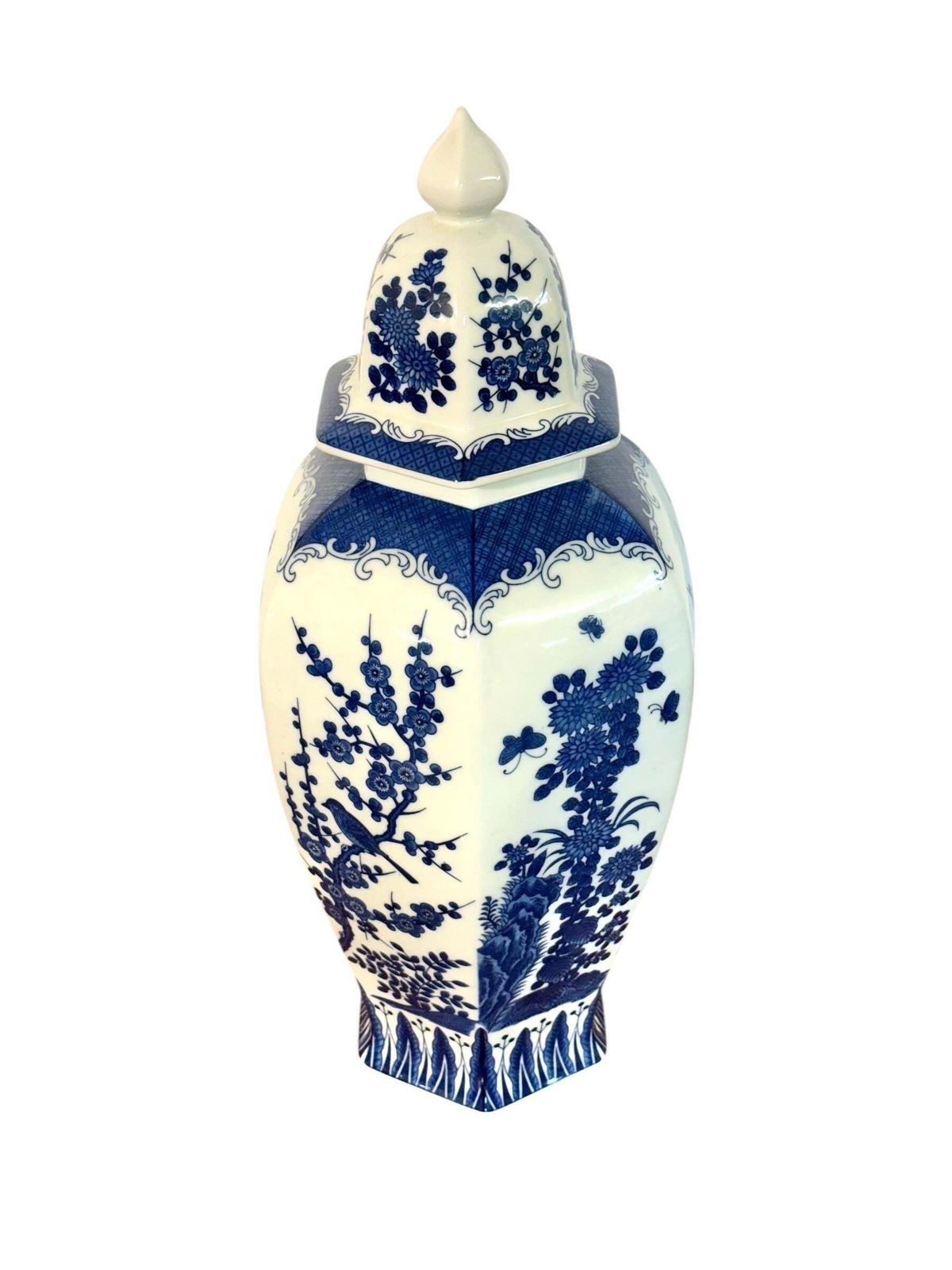 Large Blue And White Hexagonal Lidded Porcelain Vase, Chinoiserie photo Home Decor