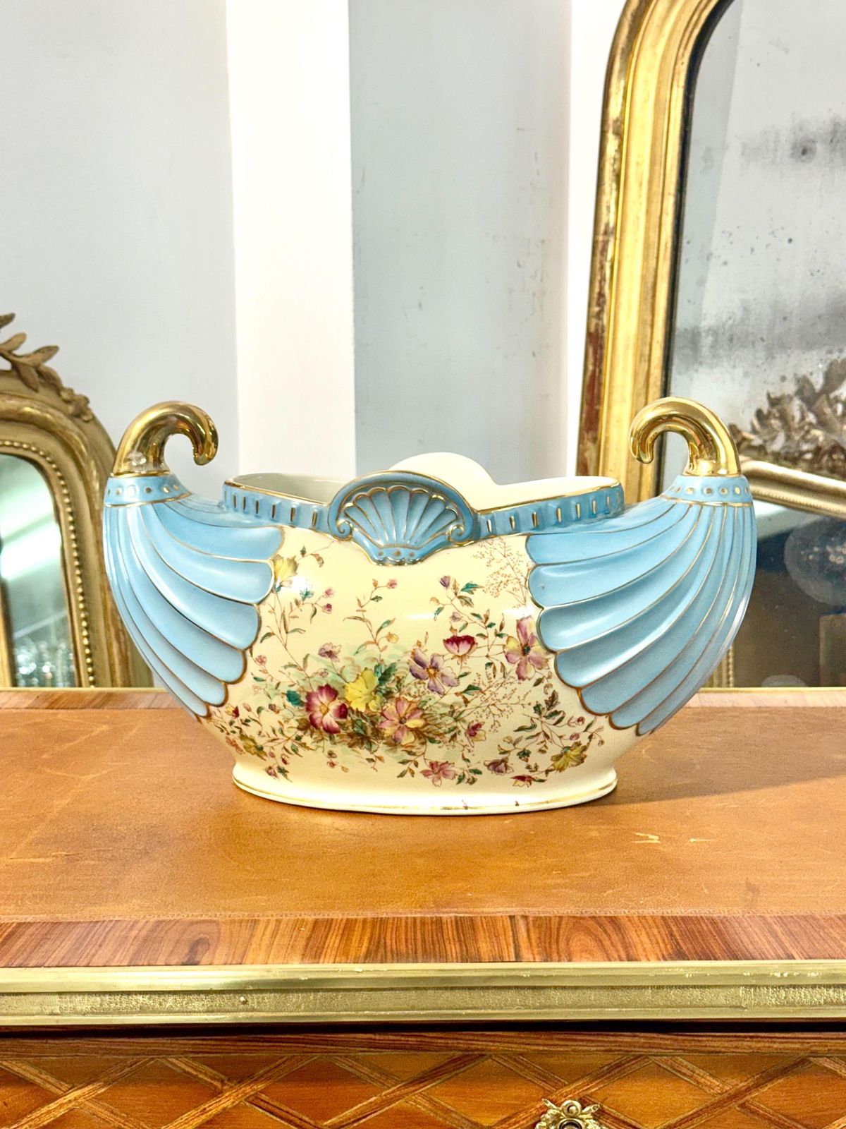 photo vintage French Art Nouveau Faience Jardinière With Gilt Handles, Circa 1900