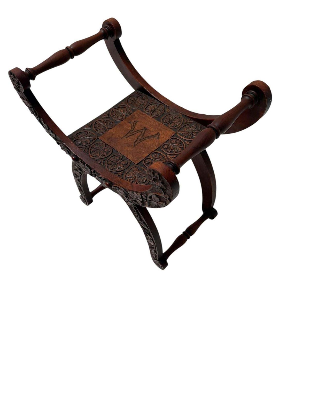 photo furniture Art Nouveau Walnut Savonarola Hand Carved Stool, 1900s