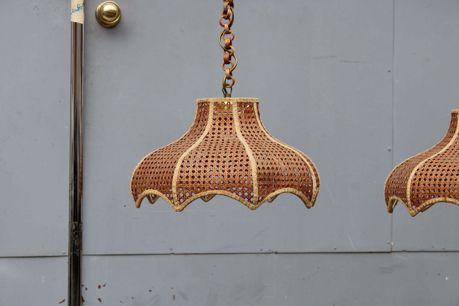 Pair Of Viennese Straw Chandeliers 1970 Italy Bamboo And Brass photo for sale