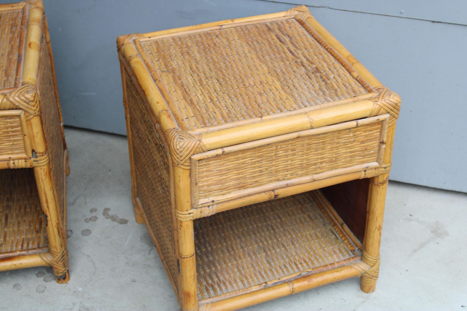 photo for sale Pair Of Cube Shaped Bamboo Bedside Table With Drawer And Shelf Italy 1970s