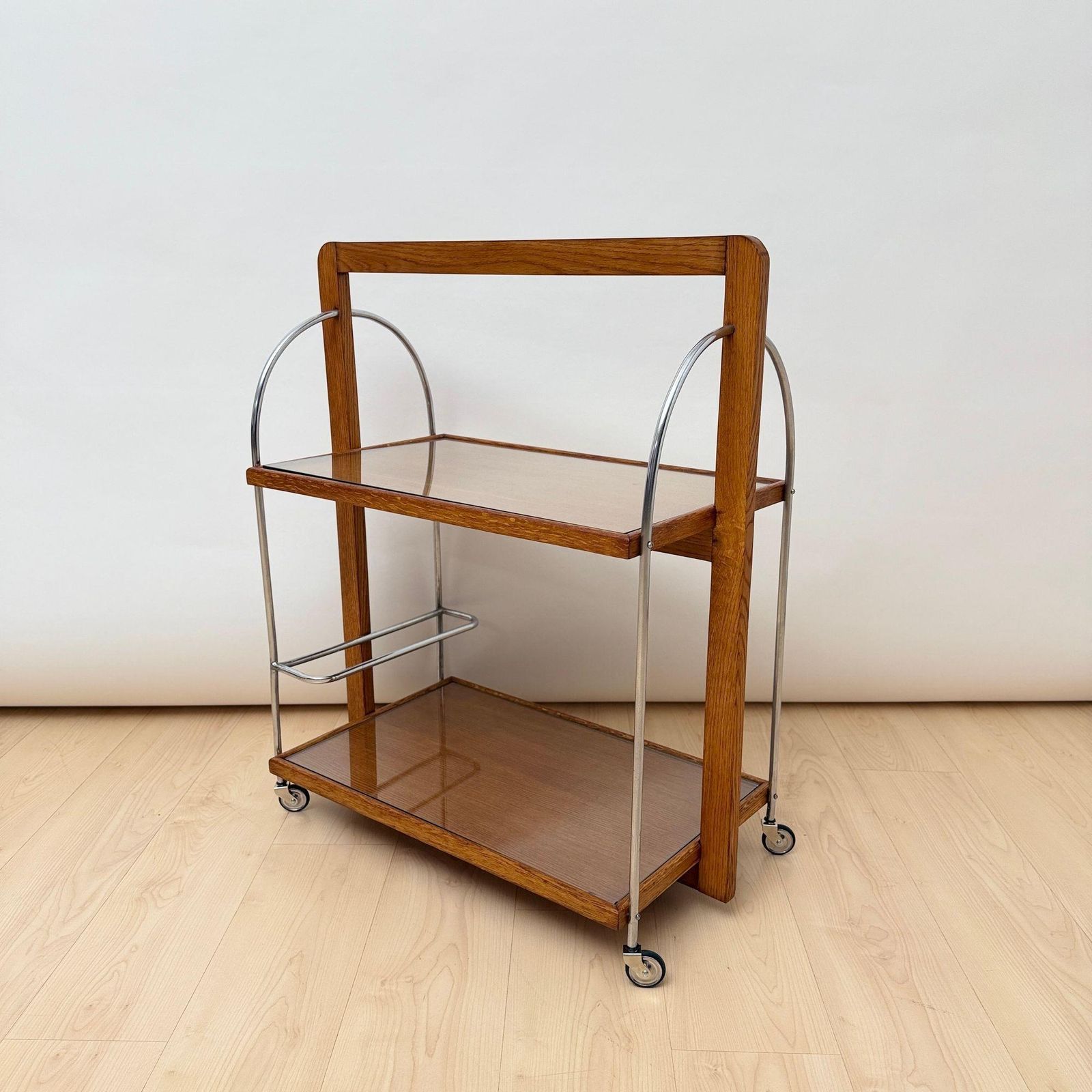 Art Deco Serving Trolley, Oak Wood, Chrome And Glass, France Circa 1930 photo furniture