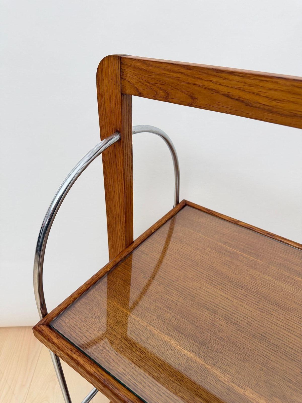 photo for sale Art Deco Serving Trolley, Oak Wood, Chrome And Glass, France Circa 1930