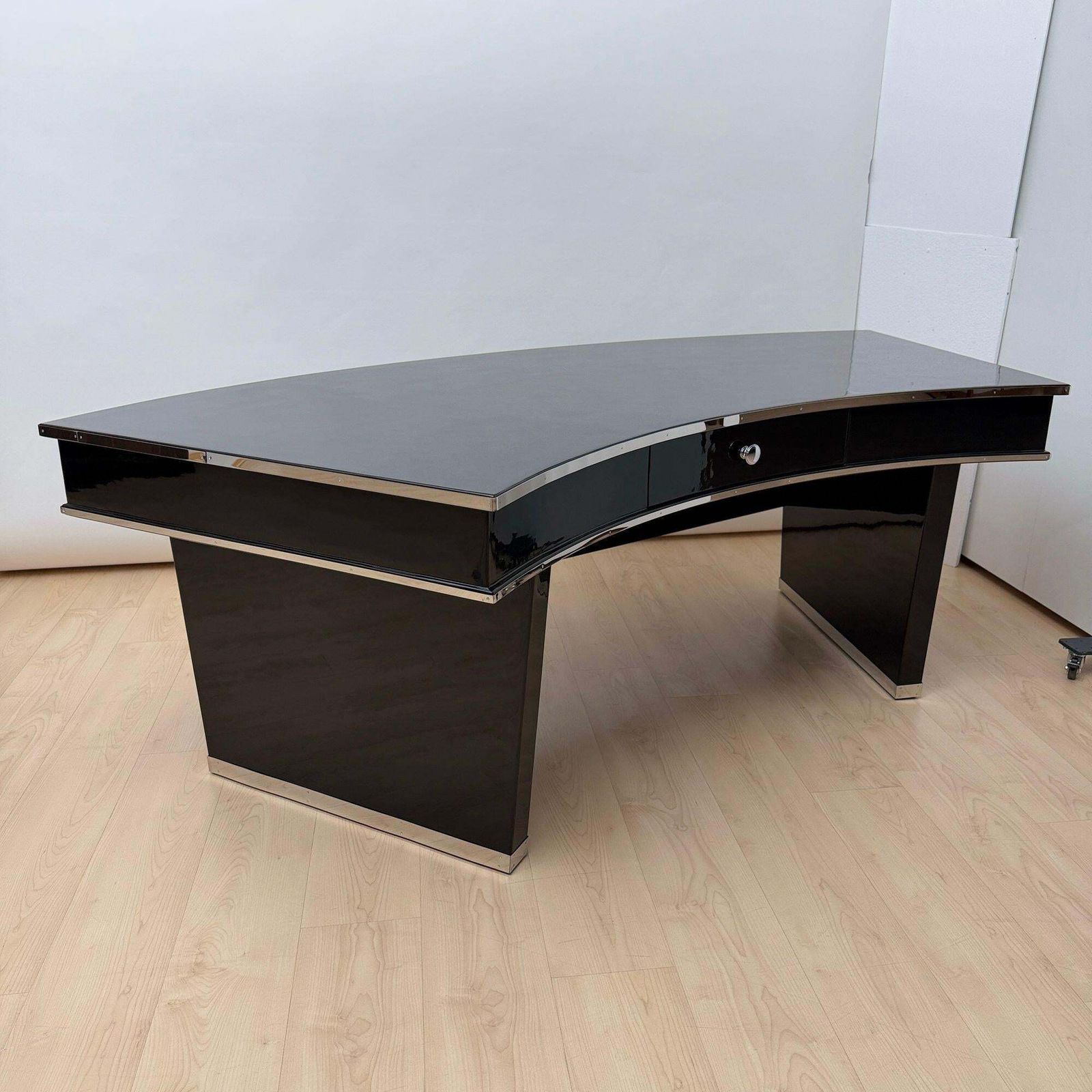 Art Deco Desk, Black Lacquer, Walnut, Metal, France Circa 1950 photo for sale