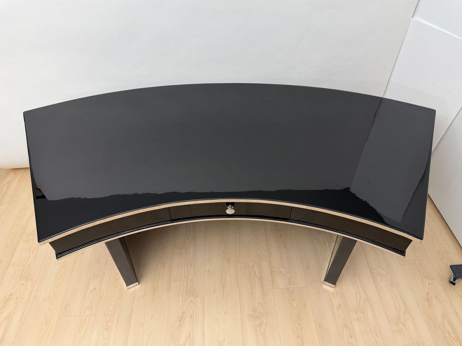 Art Deco Desk, Black Lacquer, Walnut, Metal, France Circa 1950 photo vintage
