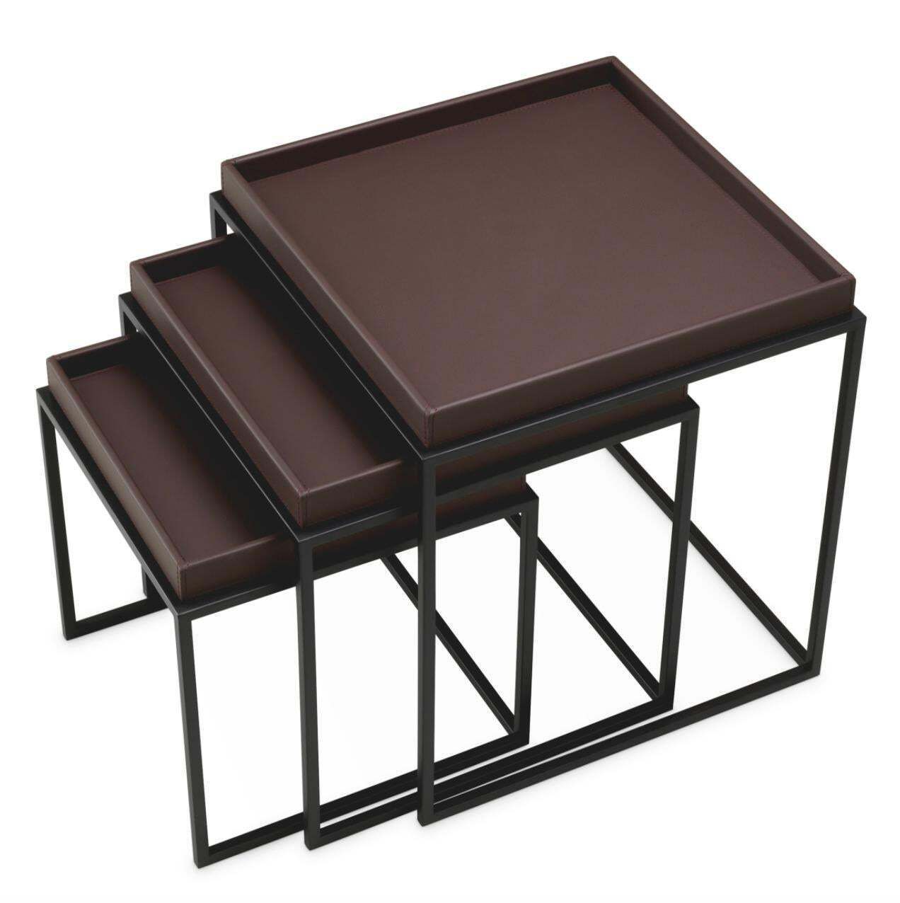 Set Of 3 Side Tables In Dark Brown Faux Leather And Black Finish photo vinterior
