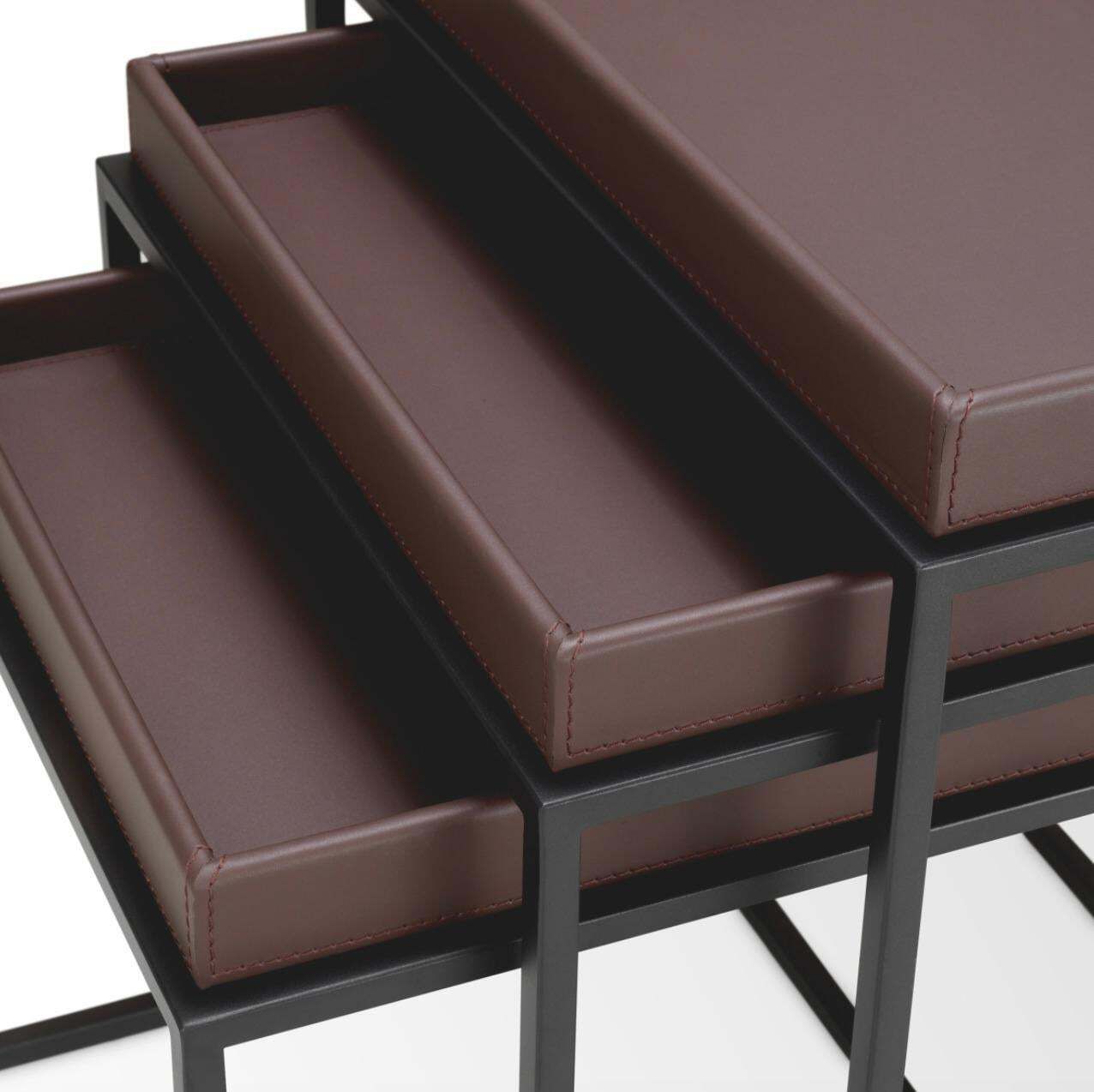 Set Of 3 Side Tables In Dark Brown Faux Leather And Black Finish photo buy