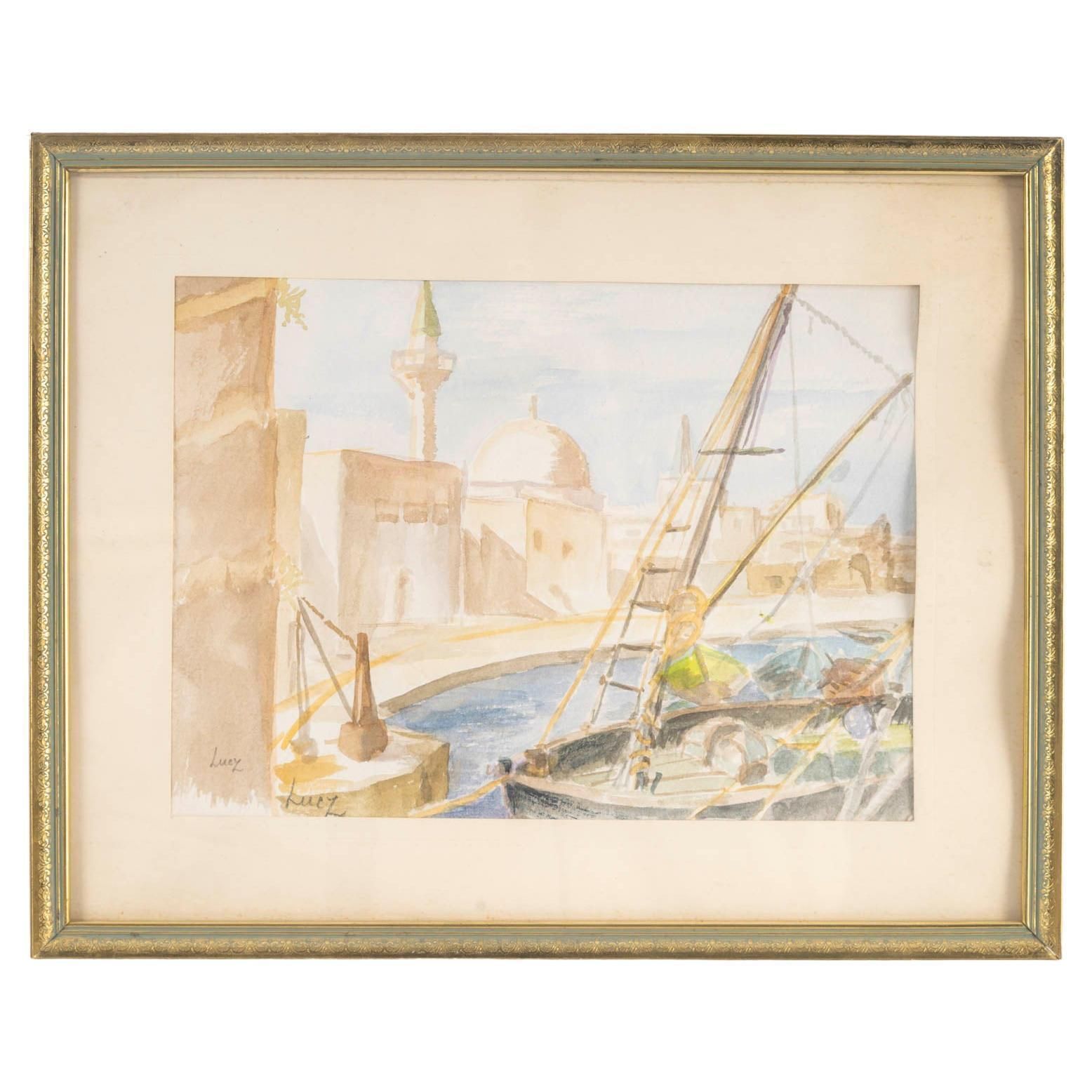 Watercolour On Paper, The Port Of Saint Jean D'acre By Evelyne Luez