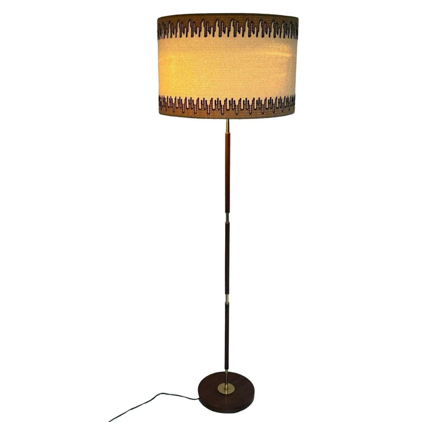 Temde Leuchten   Floor Lamp   Space Age Design   Brass And Teak Wooden Base   Fabric Covered Shade   Ca. 1960's