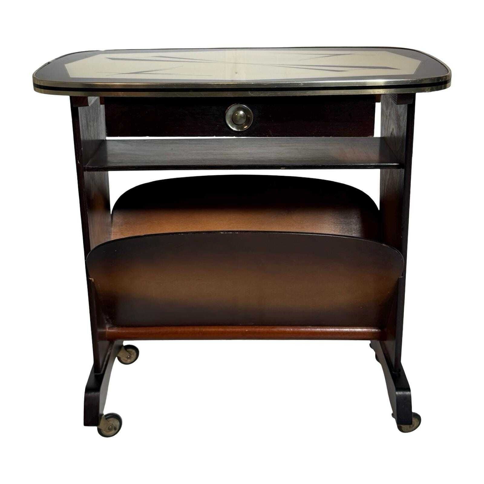 Atomic Age / Aft Deco Style   Newspaper Basket / Magazine Rack   Side Table   Ca. 1950's   With Glass Top, Mounted On Casters photo vinterior