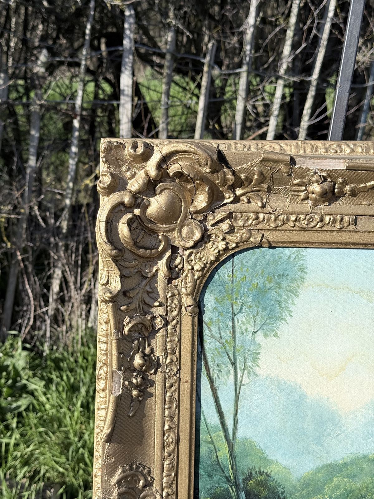 Framed Romantic Pastoral Painting – Rococo Style Scene With Figures – Ornate Gilt Frame photo vinterior