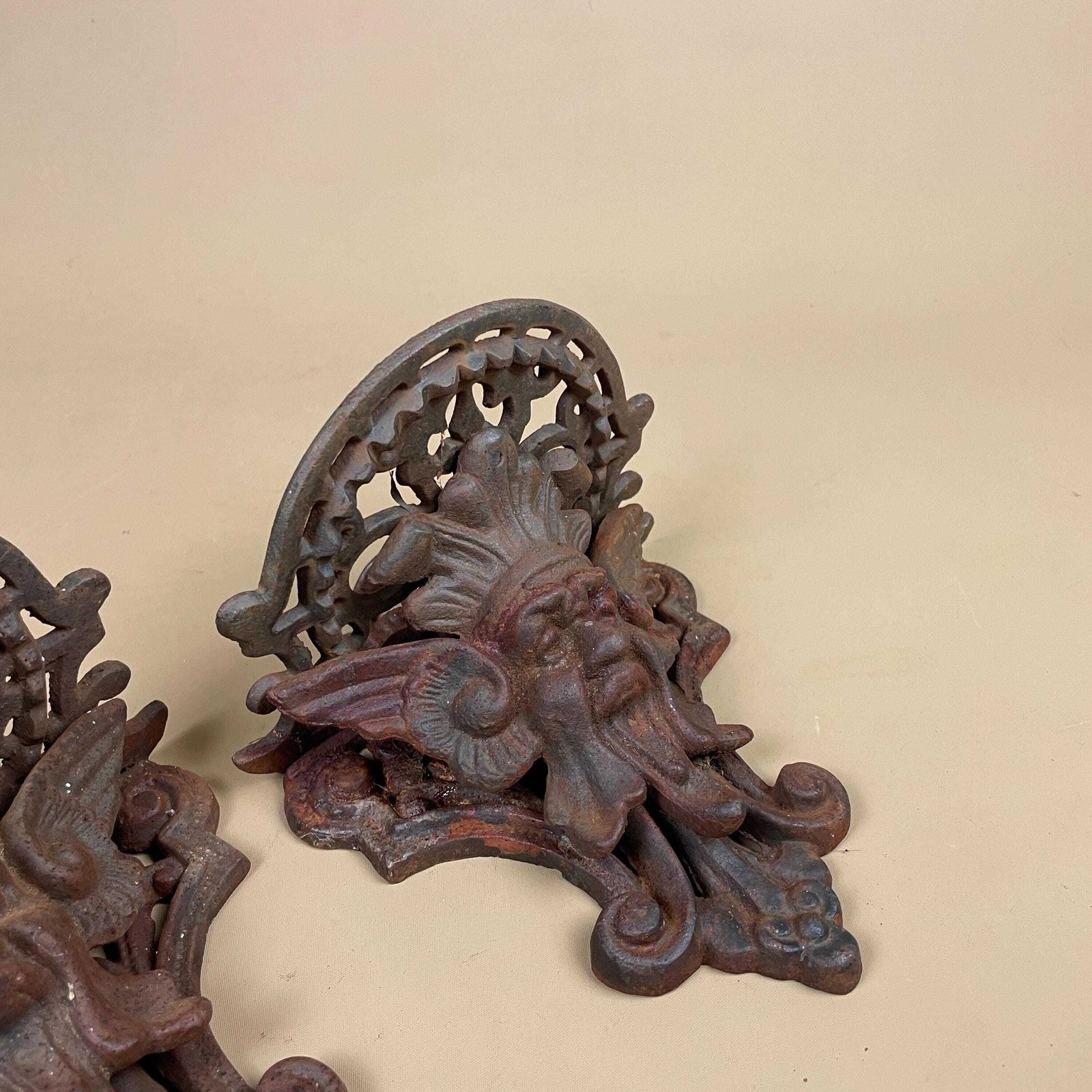 Antique Cast Iron Wall Shelf Set Wall Plant Holder Bracket Ornate Rustic Male Face Figurative Ornament Weathered Heavy Victorian Style photo for sale