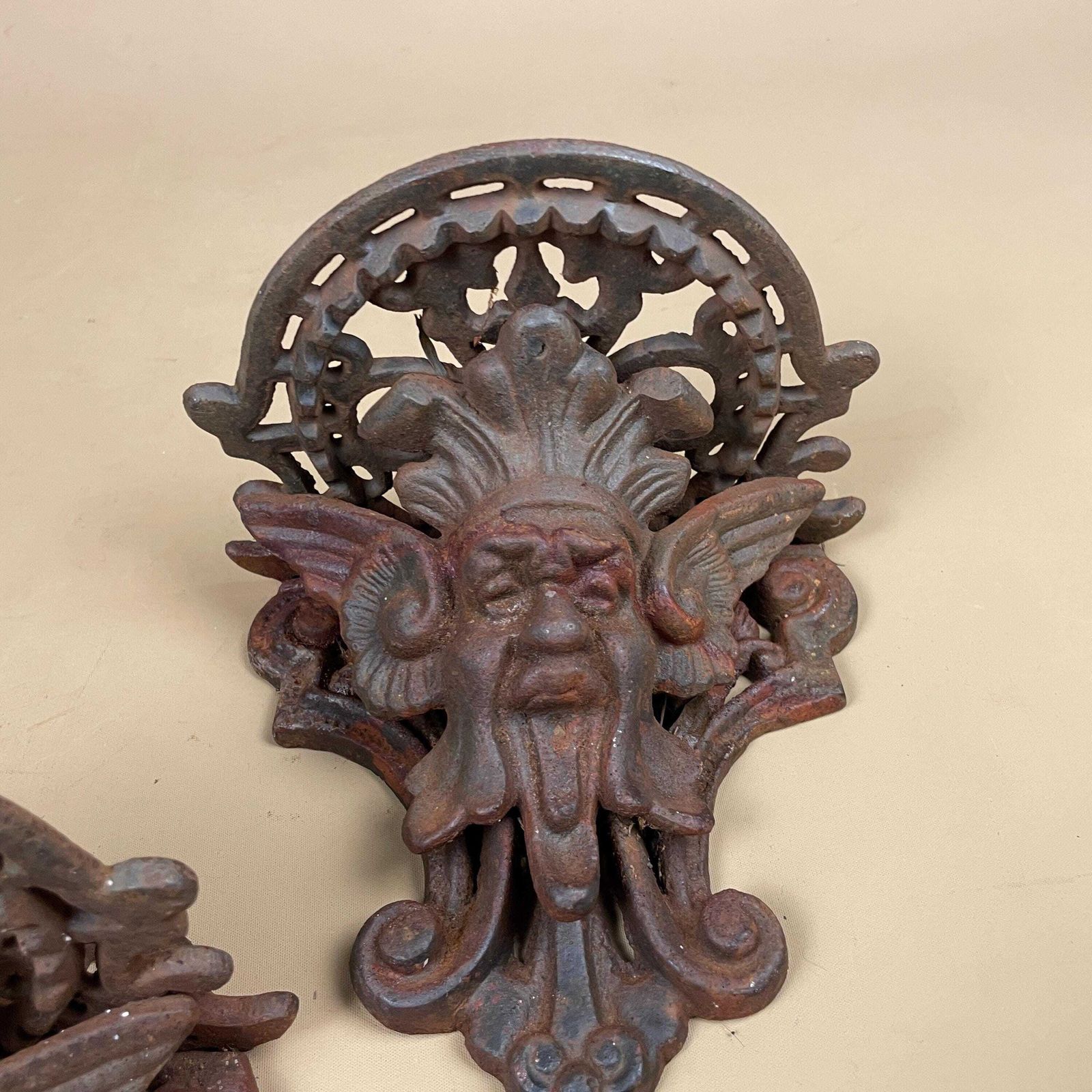 Antique Cast Iron Wall Shelf Set Wall Plant Holder Bracket Ornate Rustic Male Face Figurative Ornament Weathered Heavy Victorian Style photo buy