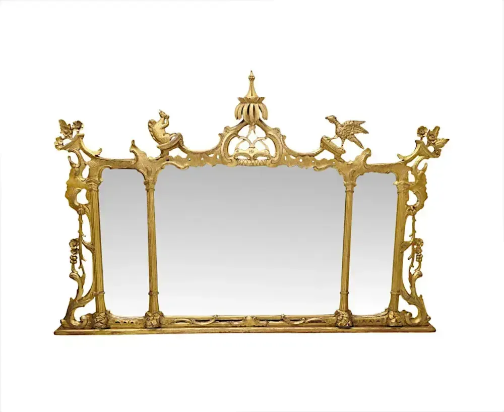 A Very Rare 19th Century Irish Tryptic Giltwood Overmantel Mirror With Ho Ho Bird And Squirrel Detail