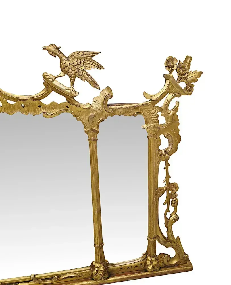A Very Rare 19th Century Irish Tryptic Giltwood Overmantel Mirror With Ho Ho Bird And Squirrel Detail photo Home Decor