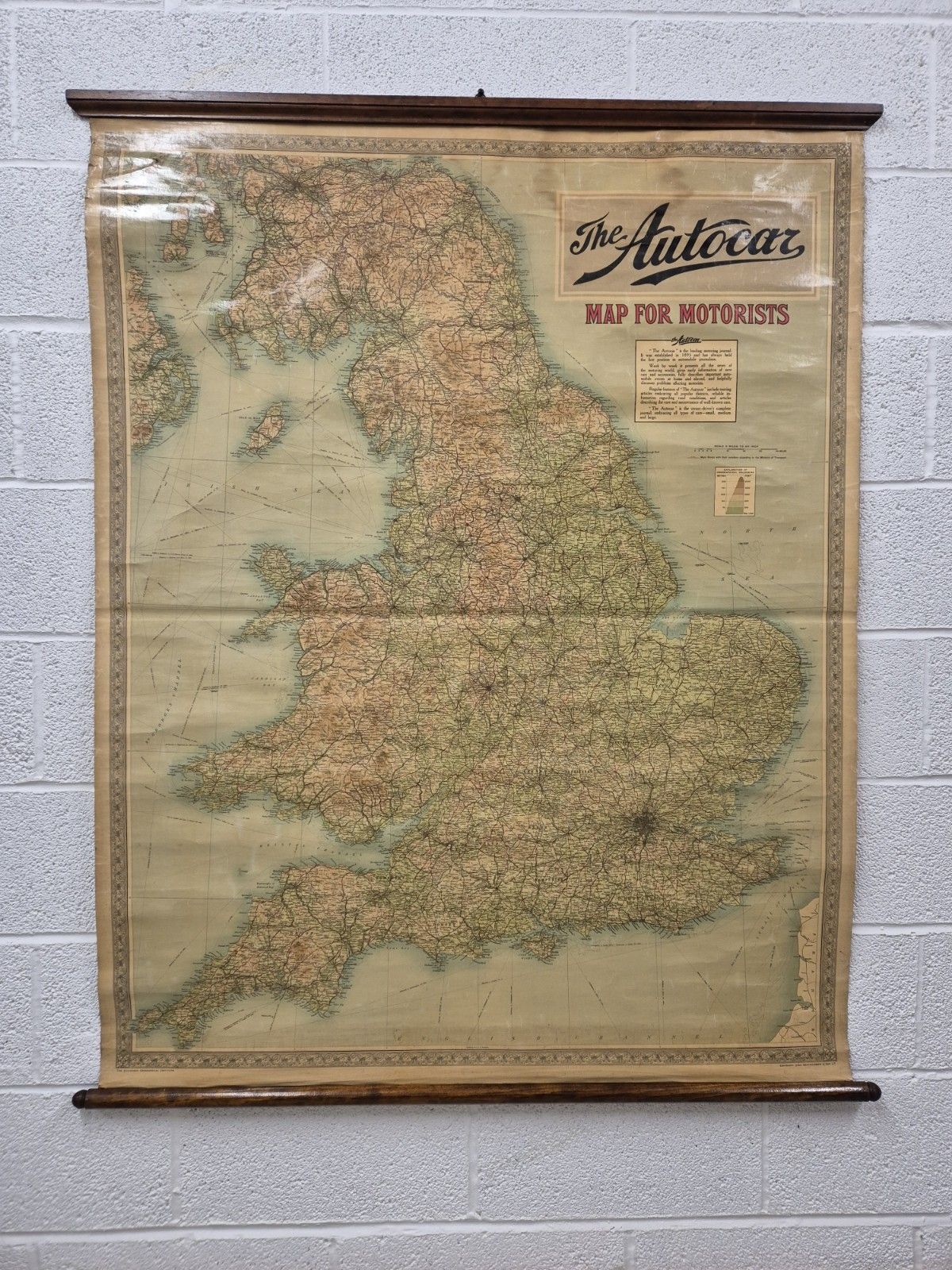 Large Original 1930s "The Autocar" Advertising Map England And Wales Canvas Scroll