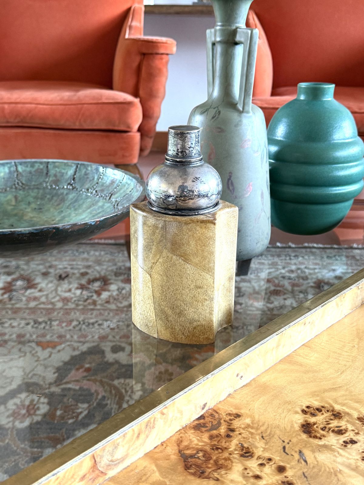 photo furniture Mid Century Cream Parchment Cocktail Shaker, Aldo Tura Italy 1950s
