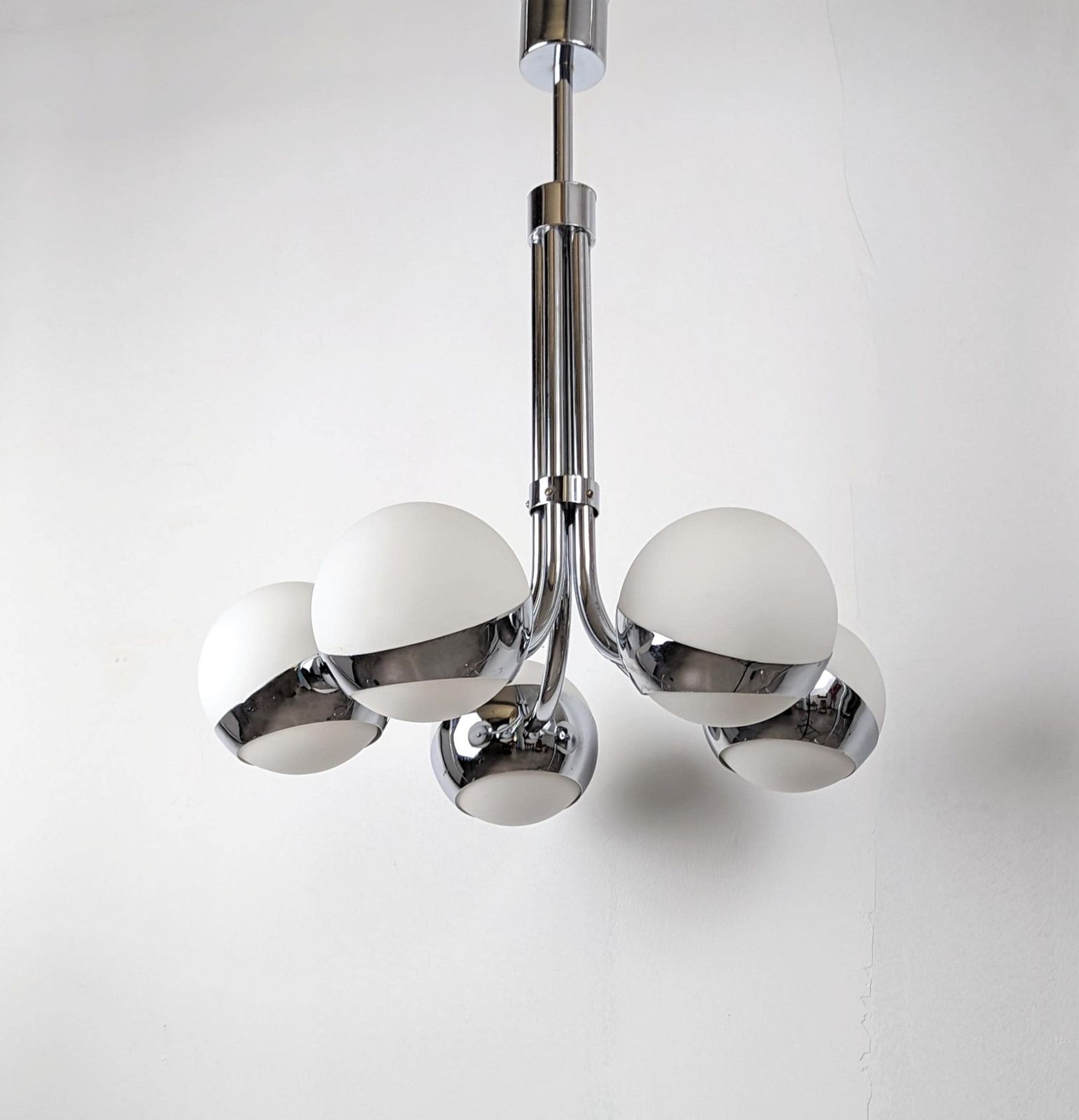 Stilnovo Chrome Chandelier With Crystal Spheres, Italy, 1960s.