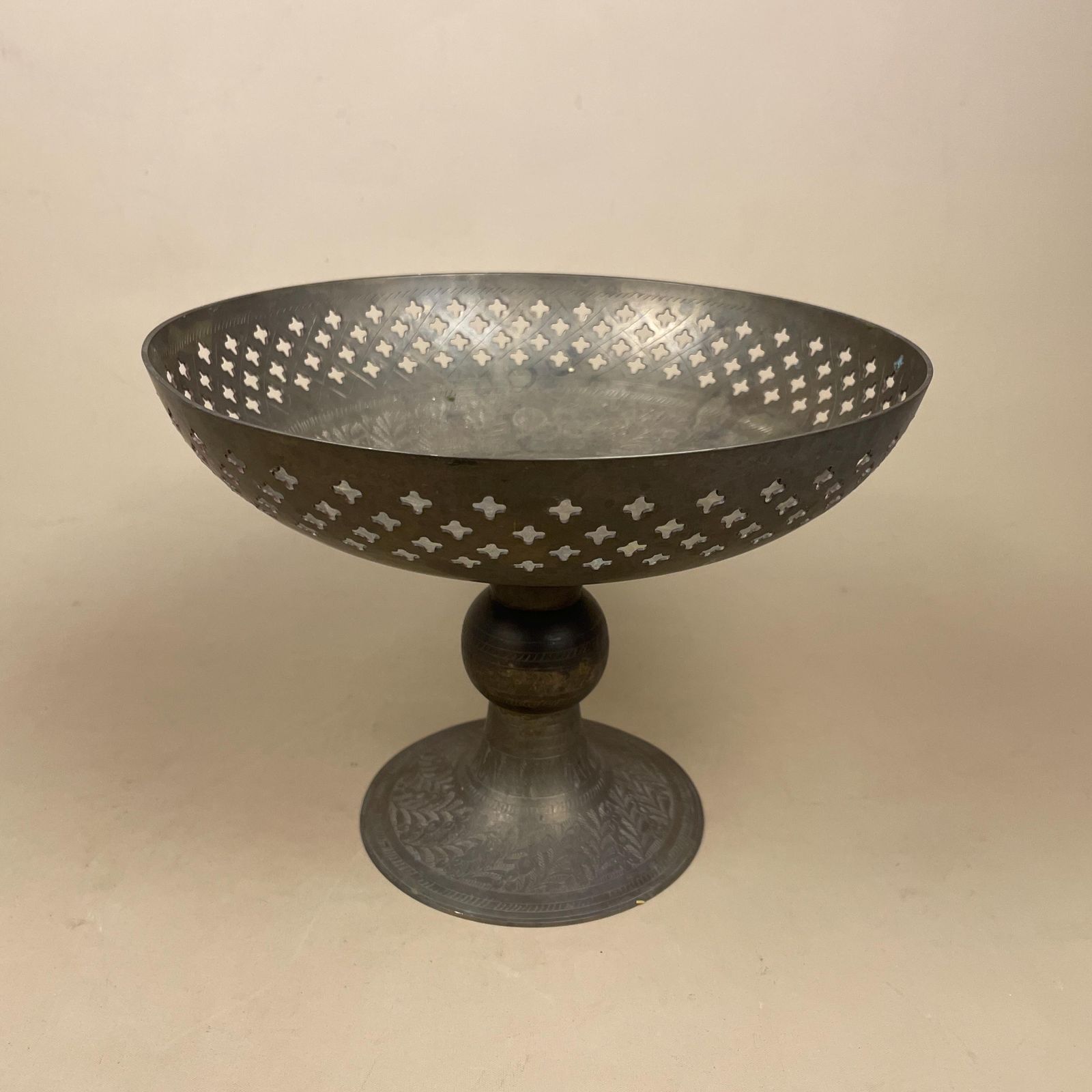 Antique Brass Indian Pedestal Bowl Fruit Dish Gold Metal Ornate Table Display Handmade Etched Decorative Round Centrepiece. photo furniture