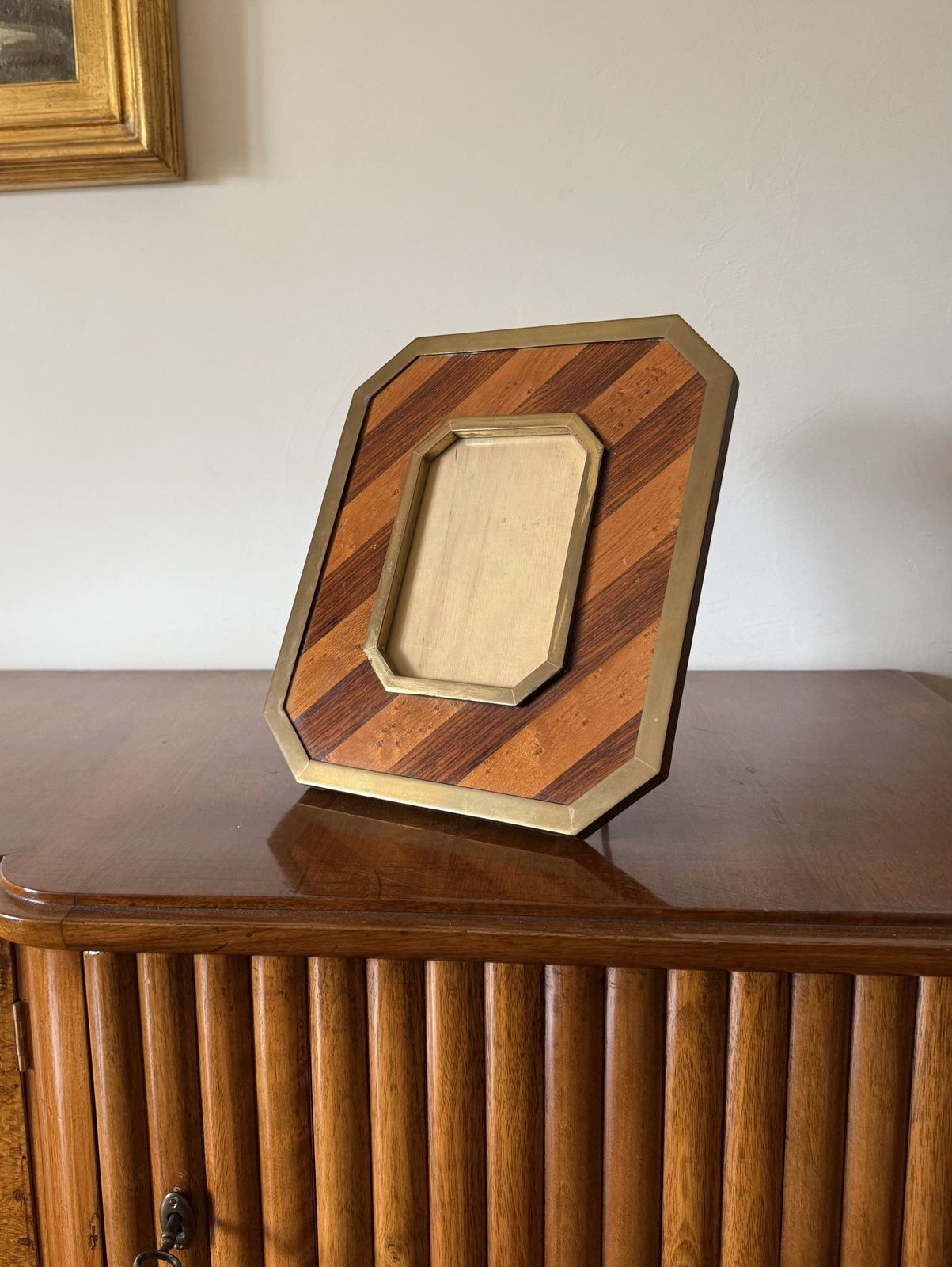 Mid Century Modern Brass & Wood Picture Frame – In The Manner Of Gabriella Crespi, Italy 1970s photo for sale