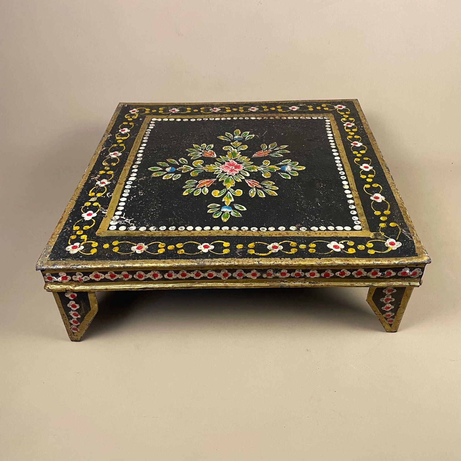 Indian Hand Painted Low Table Black Floral Coffee Table Decorative Plant Stand Metal Rustic Accent Small. photo furniture