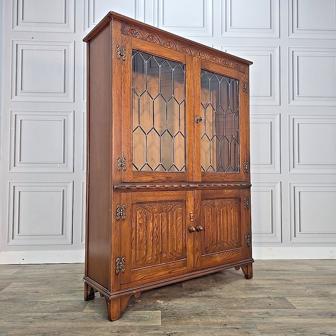 Antique Style Glass Bookcase  Jaycee Oak Leaded Cabinet Jacobean Display Shelves