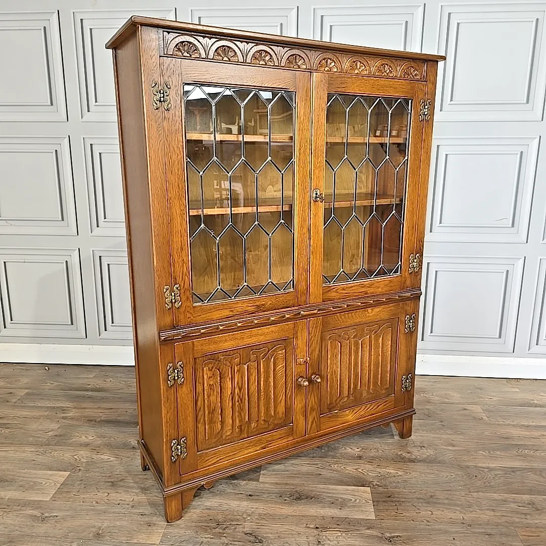Antique Style Glass Bookcase  Jaycee Oak Leaded Cabinet Jacobean Display Shelves photo furniture