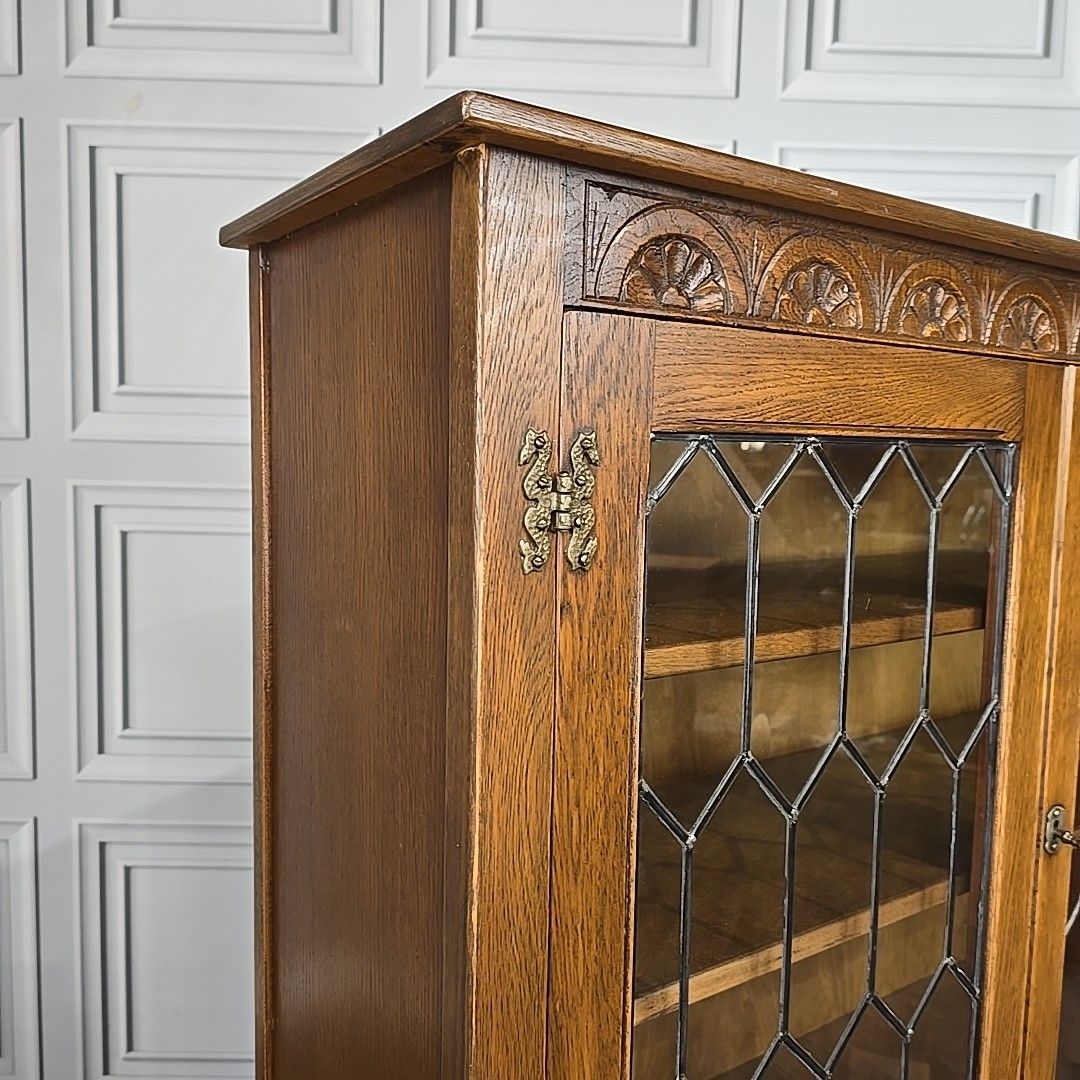 Antique Style Glass Bookcase  Jaycee Oak Leaded Cabinet Jacobean Display Shelves photo for sale