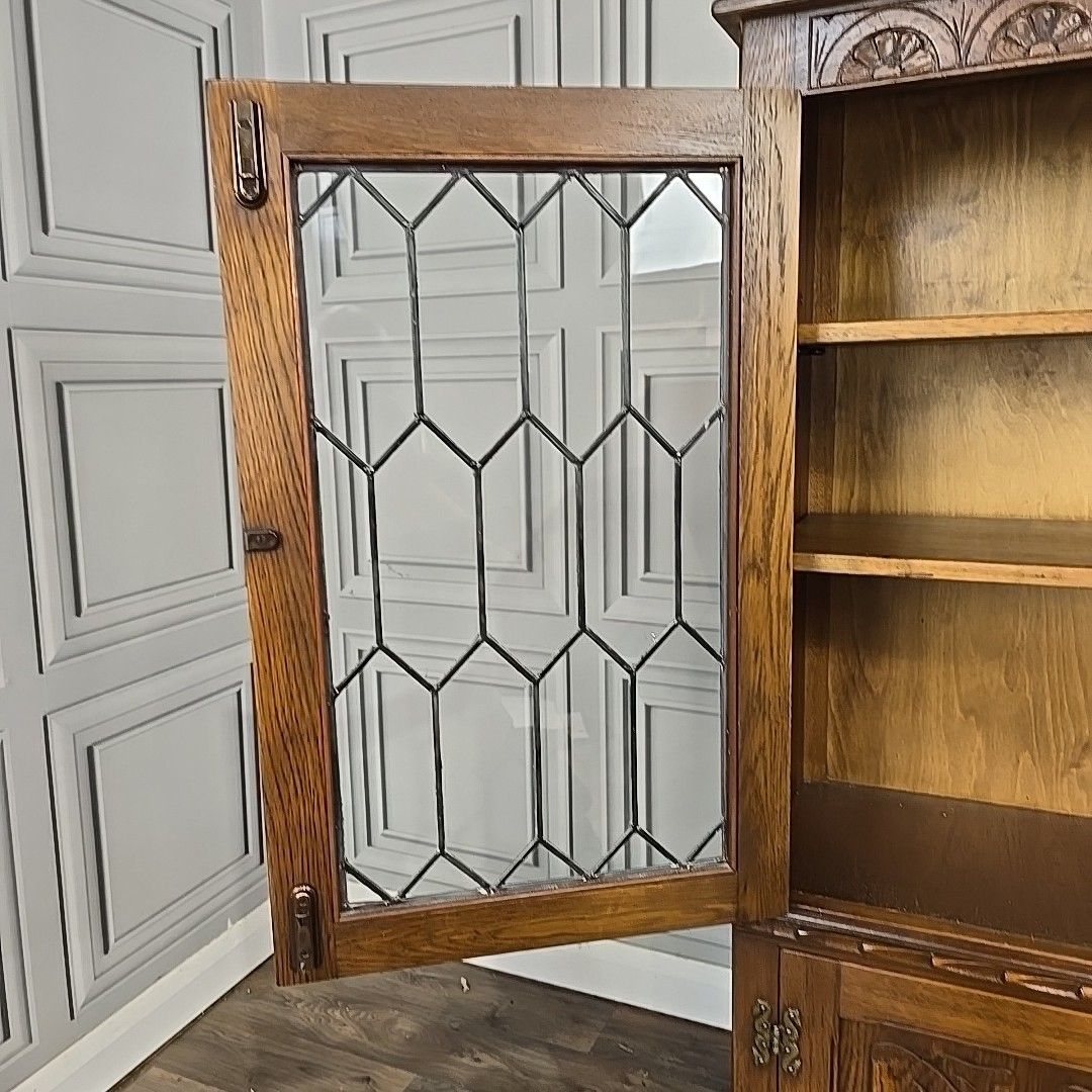 Antique Style Glass Bookcase  Jaycee Oak Leaded Cabinet Jacobean Display Shelves photo buy