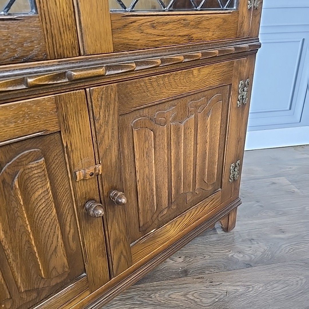 photo for sale Antique Style Glass Bookcase  Jaycee Oak Leaded Cabinet Jacobean Display Shelves