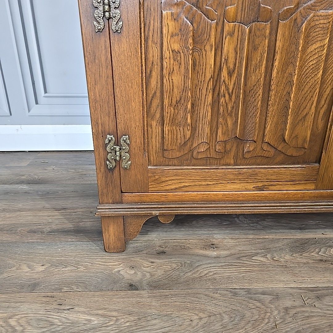 photo vintage Antique Style Glass Bookcase  Jaycee Oak Leaded Cabinet Jacobean Display Shelves