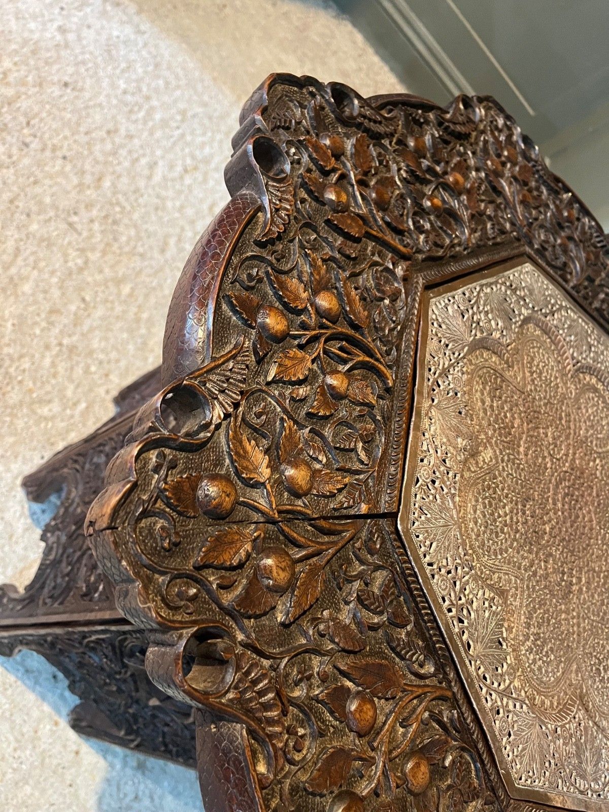 Antique Table Carved Wood Copper Insert Burmese Carved Wood Table photo 395.0