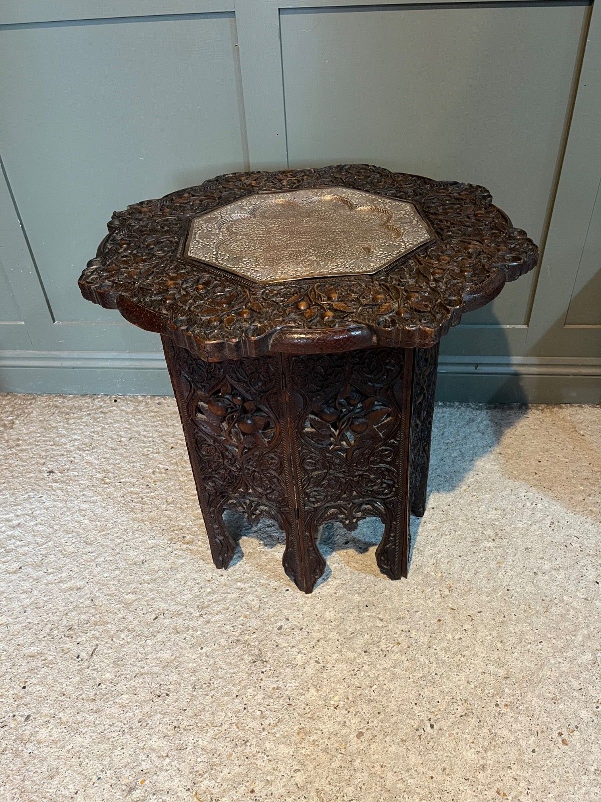 photo furniture Antique Table Carved Wood Copper Insert Burmese Carved Wood Table