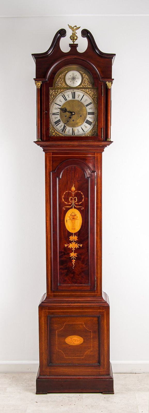 Antique Mahogany Longcase Grandfather Clock Inlaid Brass Arch Dial Eagle C1920