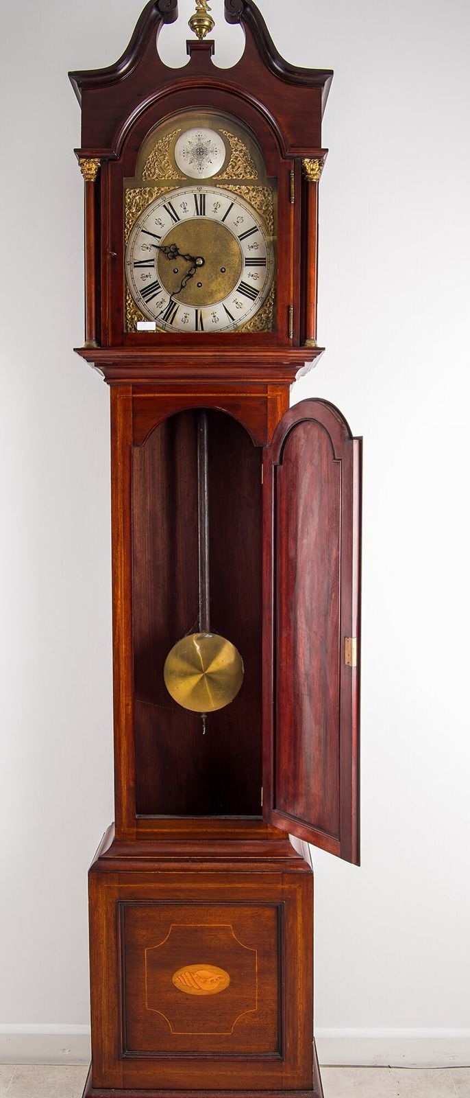 Antique Mahogany Longcase Grandfather Clock Inlaid Brass Arch Dial Eagle C1920 photo 1000.0