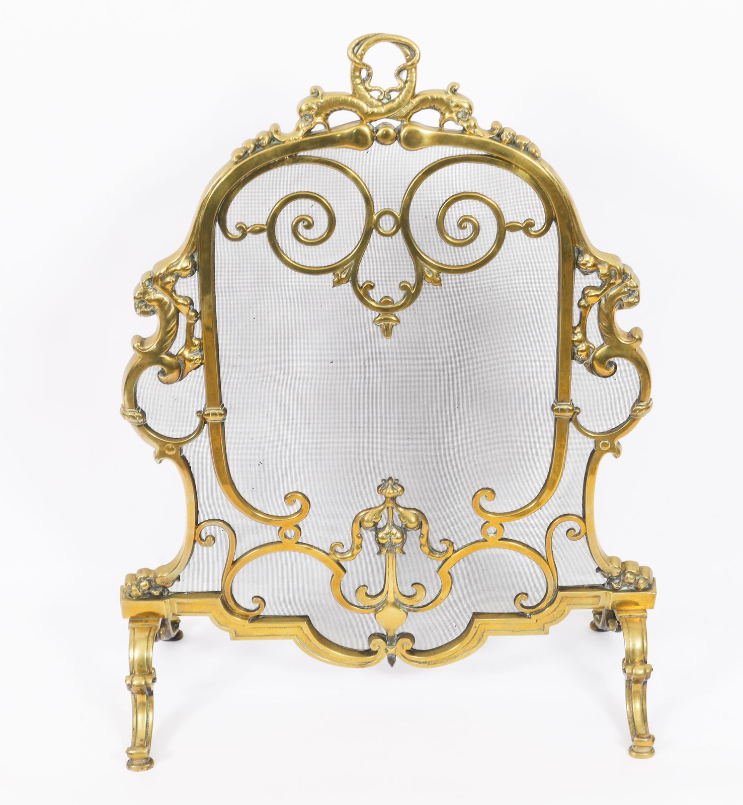 French Louis Revival Brass Mesh Dolphin Fire Screen 19th Century photo vintage