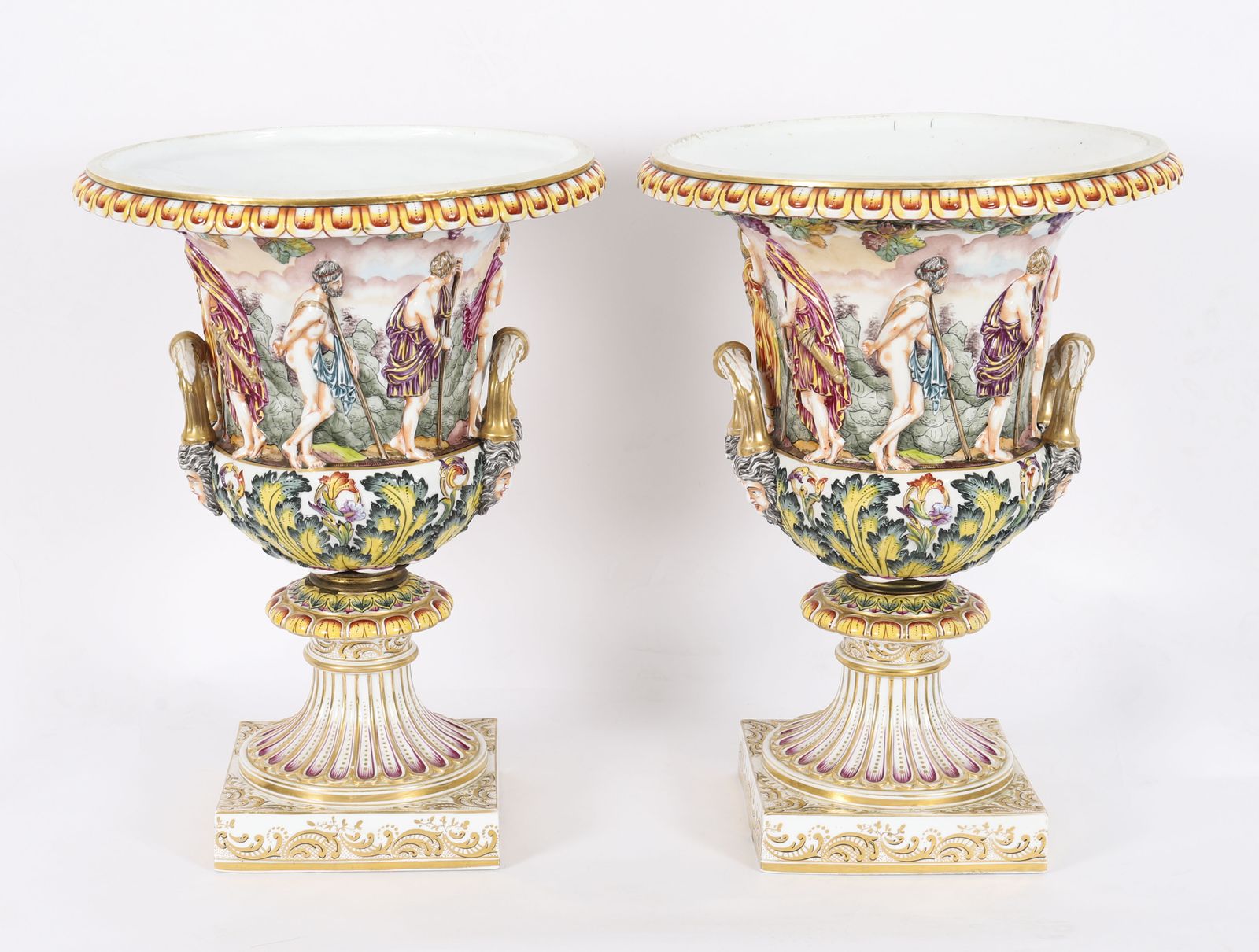 Antique Pair Large Italian Naples Capodimonte Urns / Vases 19th C
