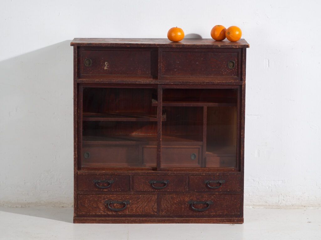 1754.0 Antique Japanese Tea Cabinet (Cha Tansu) With Glass Sliding Doors – Taisho / Showa – Circa 1920–1950 photo