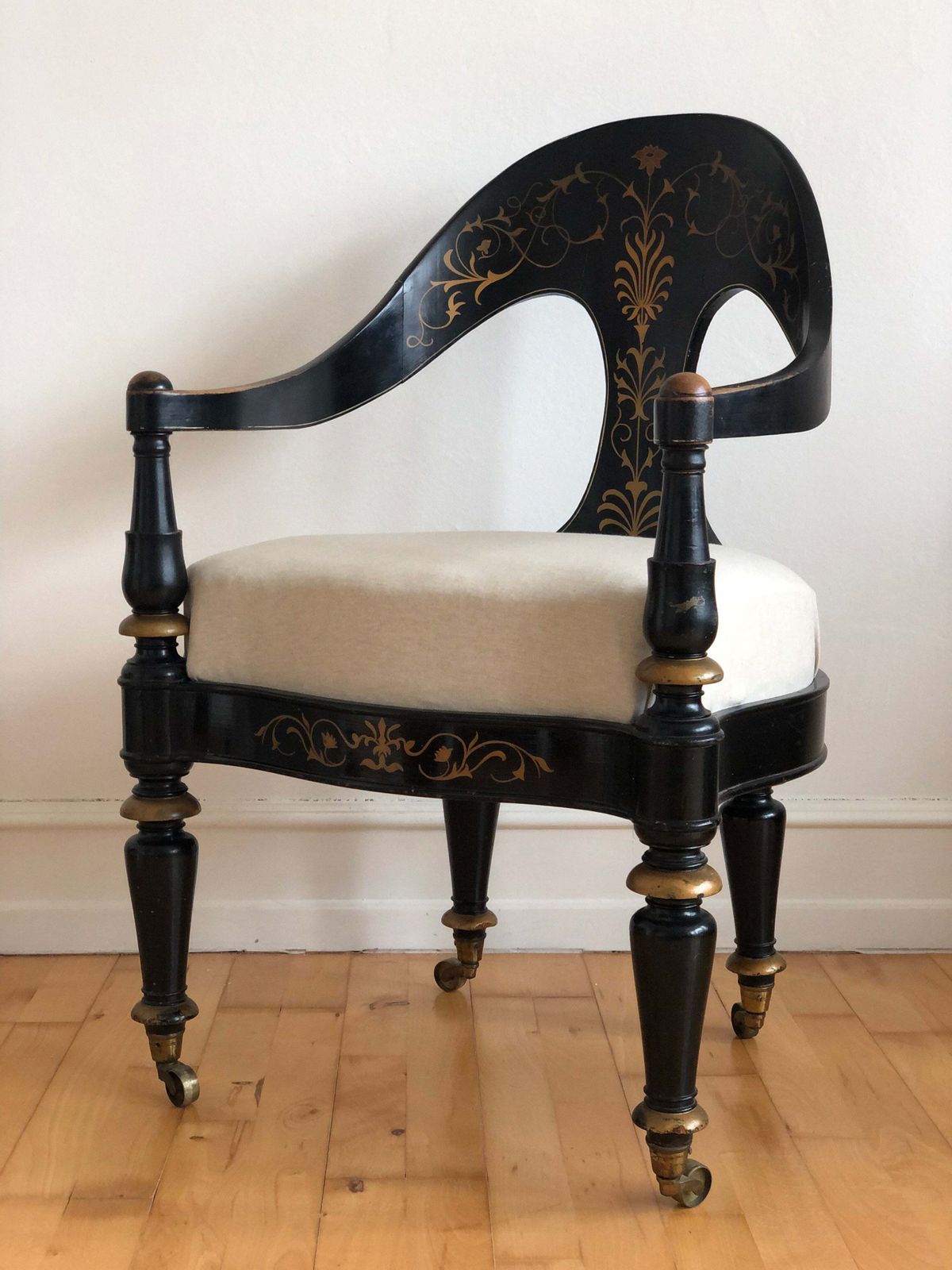Danish Cabinetmaker Armchair, 1860s, Black Lacquer With Gold Decoration, Brass Castors, Empire/Biedermeier