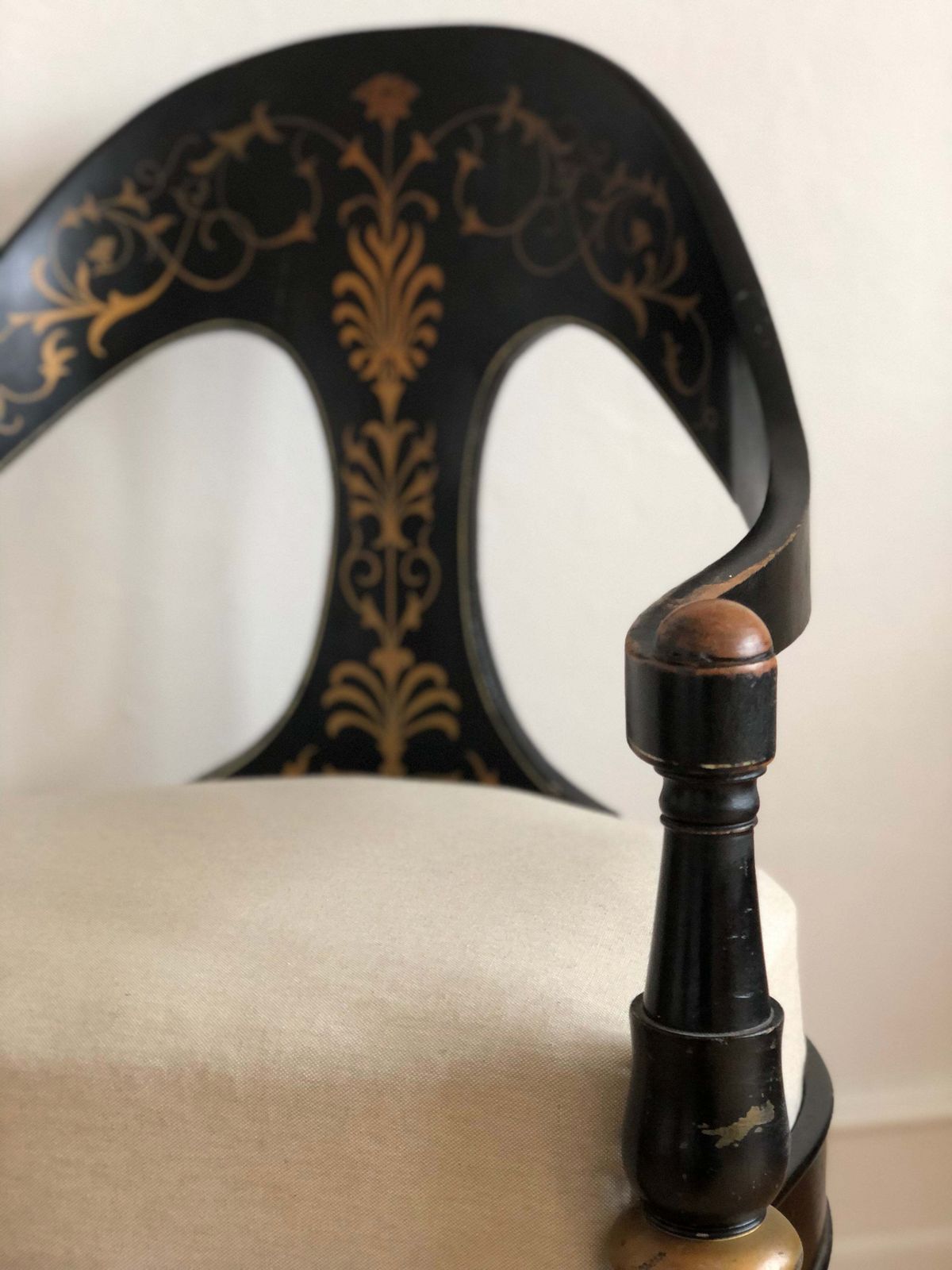 photo vinterior Danish Cabinetmaker Armchair, 1860s, Black Lacquer With Gold Decoration, Brass Castors, Empire/Biedermeier